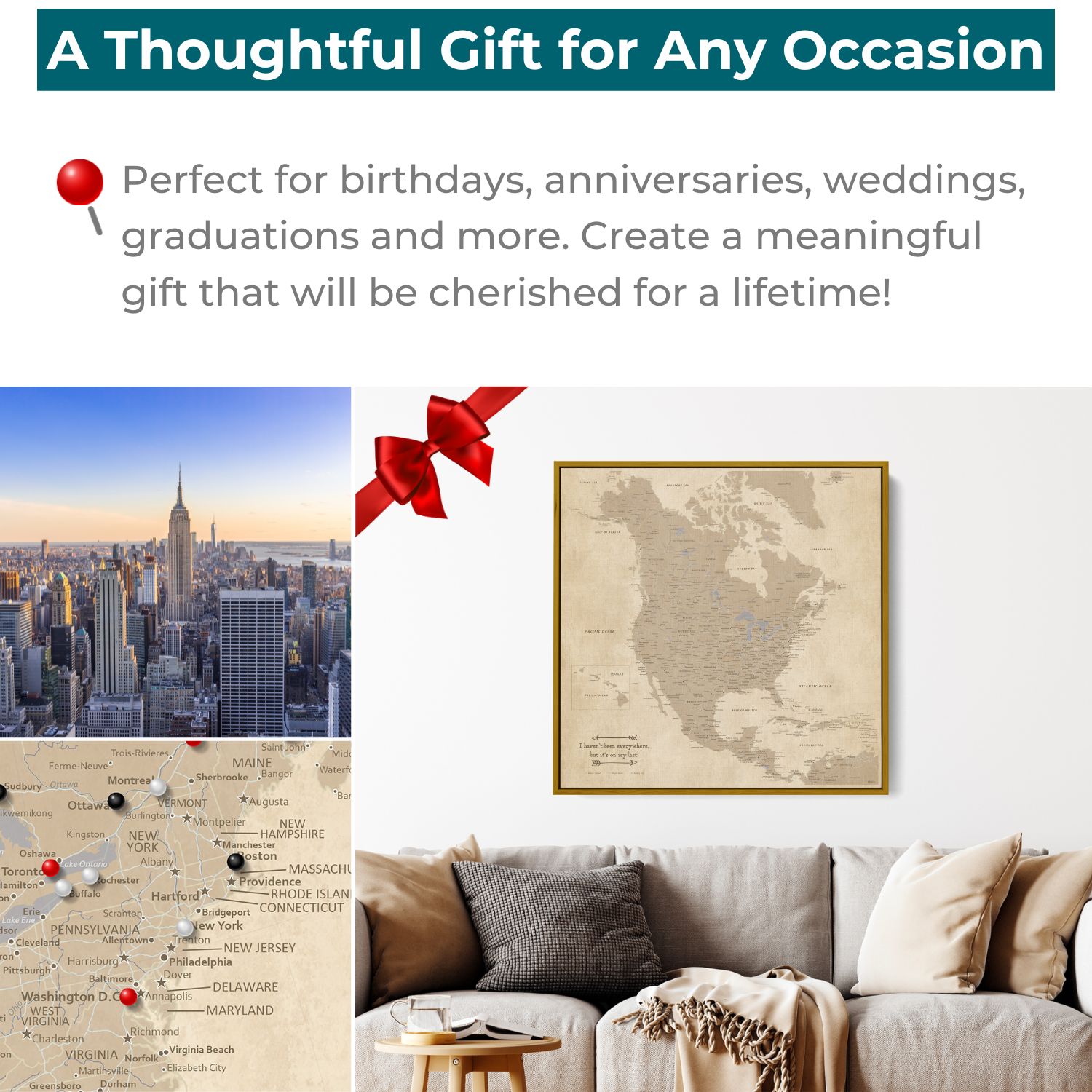 Vintage North America travel map with pins displayed above living room sofa, thoughtful gift occasion promotional graphic