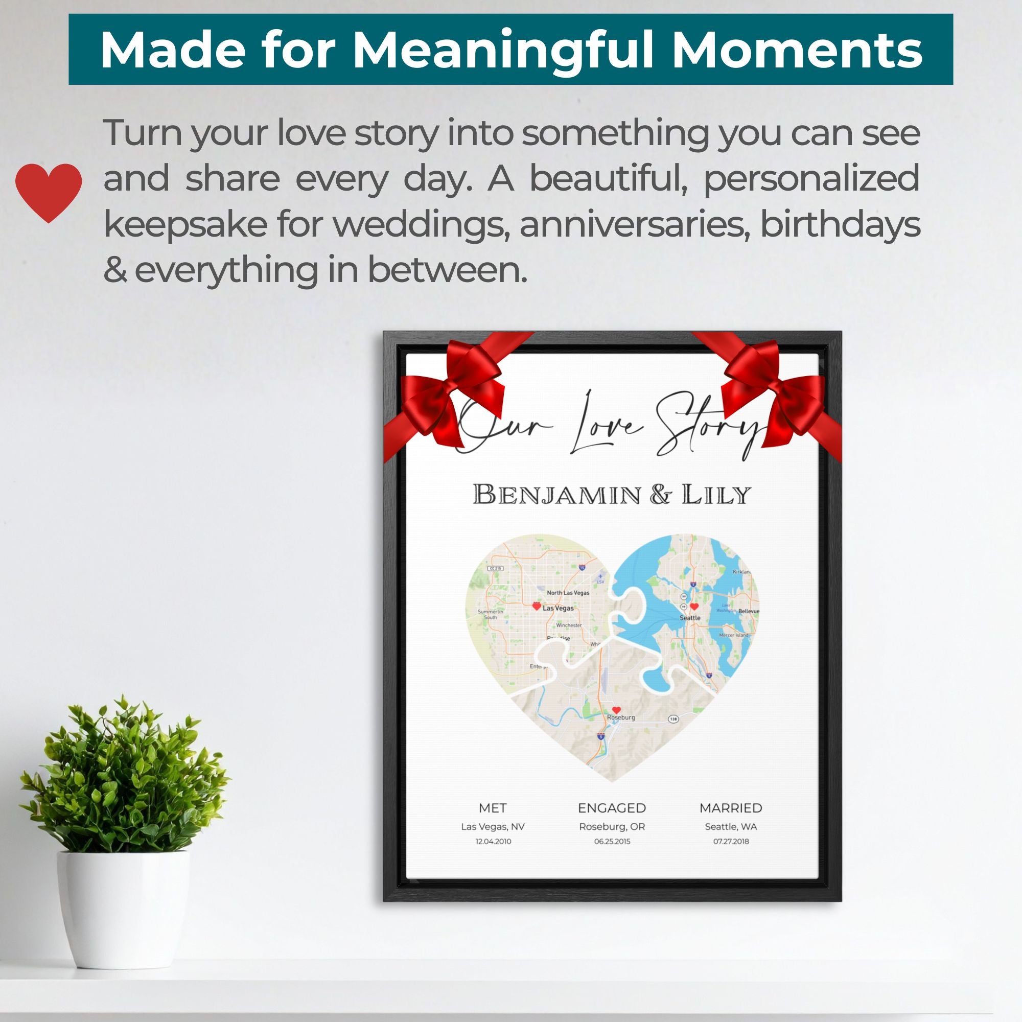 Puzzle Piece Heart Map Art | Personalized Couple Gift | Option 5