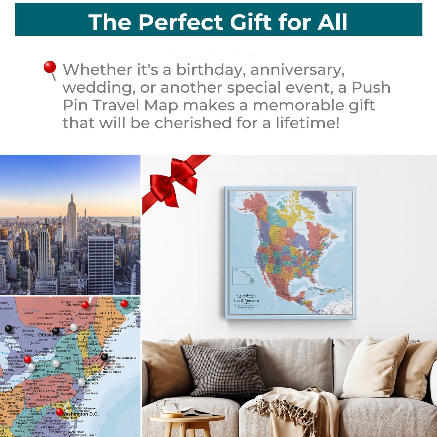 Canvas - Blue Oceans North America Travel Map with Pins