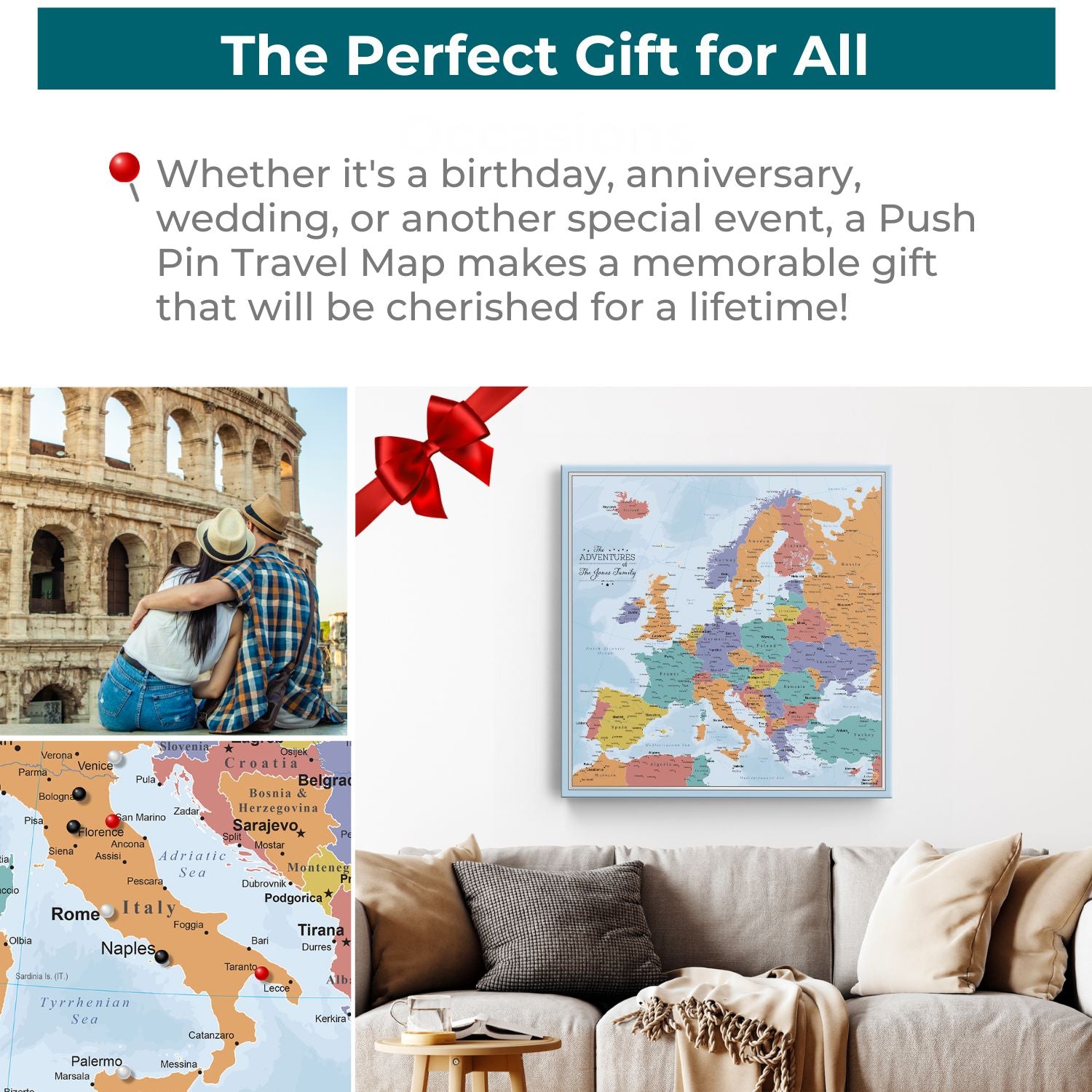 Personalized framed canvas Blue Oceans Europe travel map with push pins displayed above a cozy living room sofa