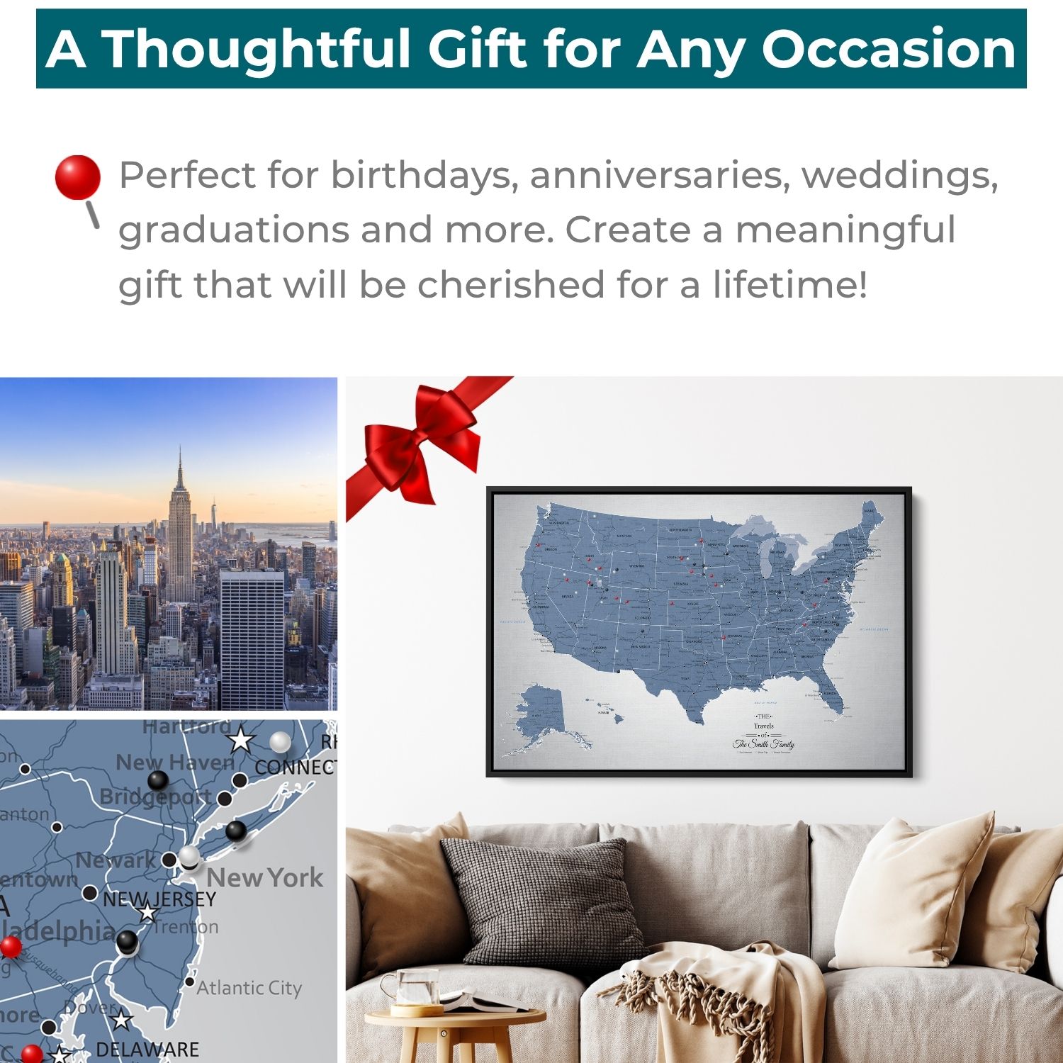 Personalized Blue Ice USA travel map with pins displayed above living room sofa thoughtful gift