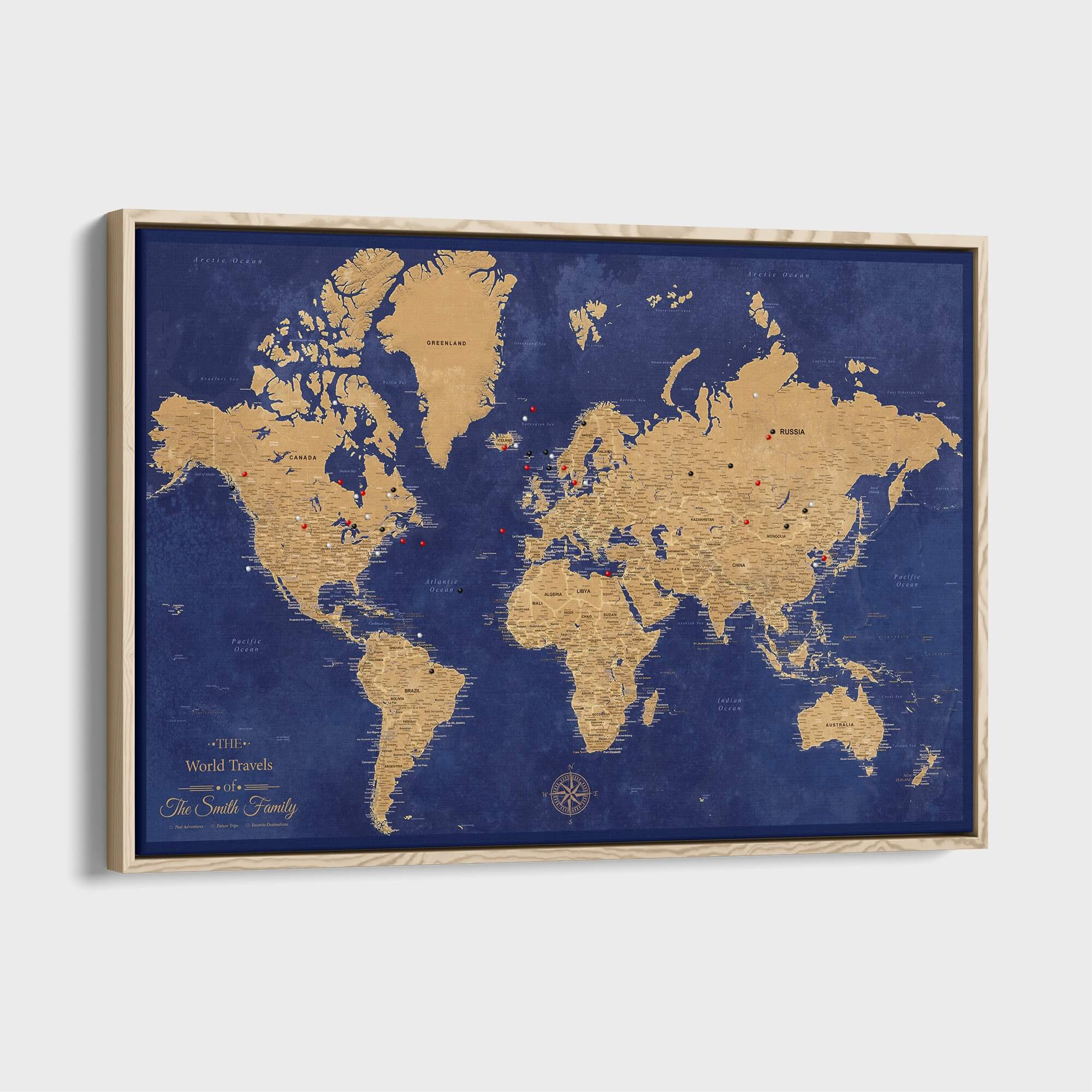 Canvas - Gold & Navy World Travel Map with pins
