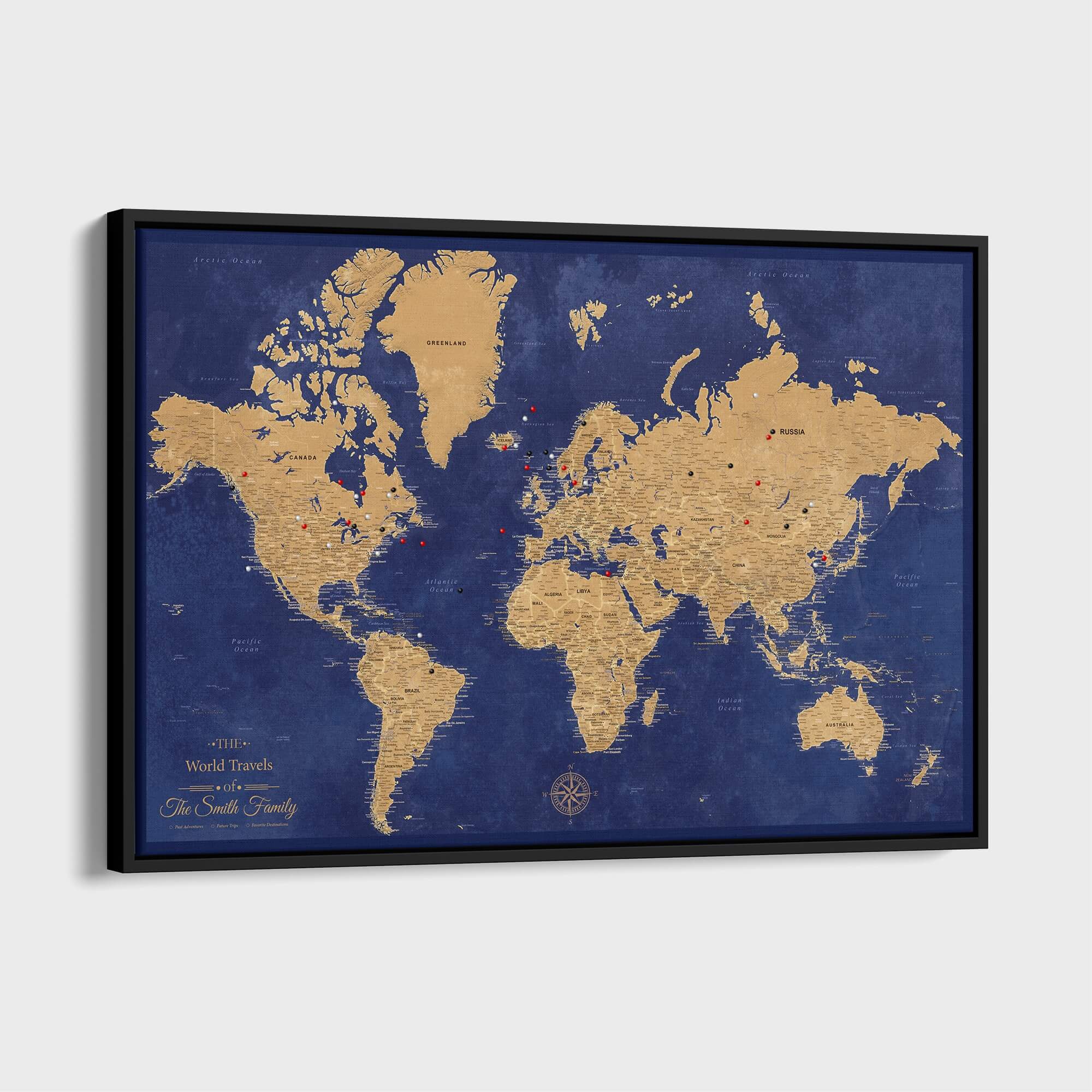 Framed canvas gold and navy world travel map with push pins marking destinations on wall