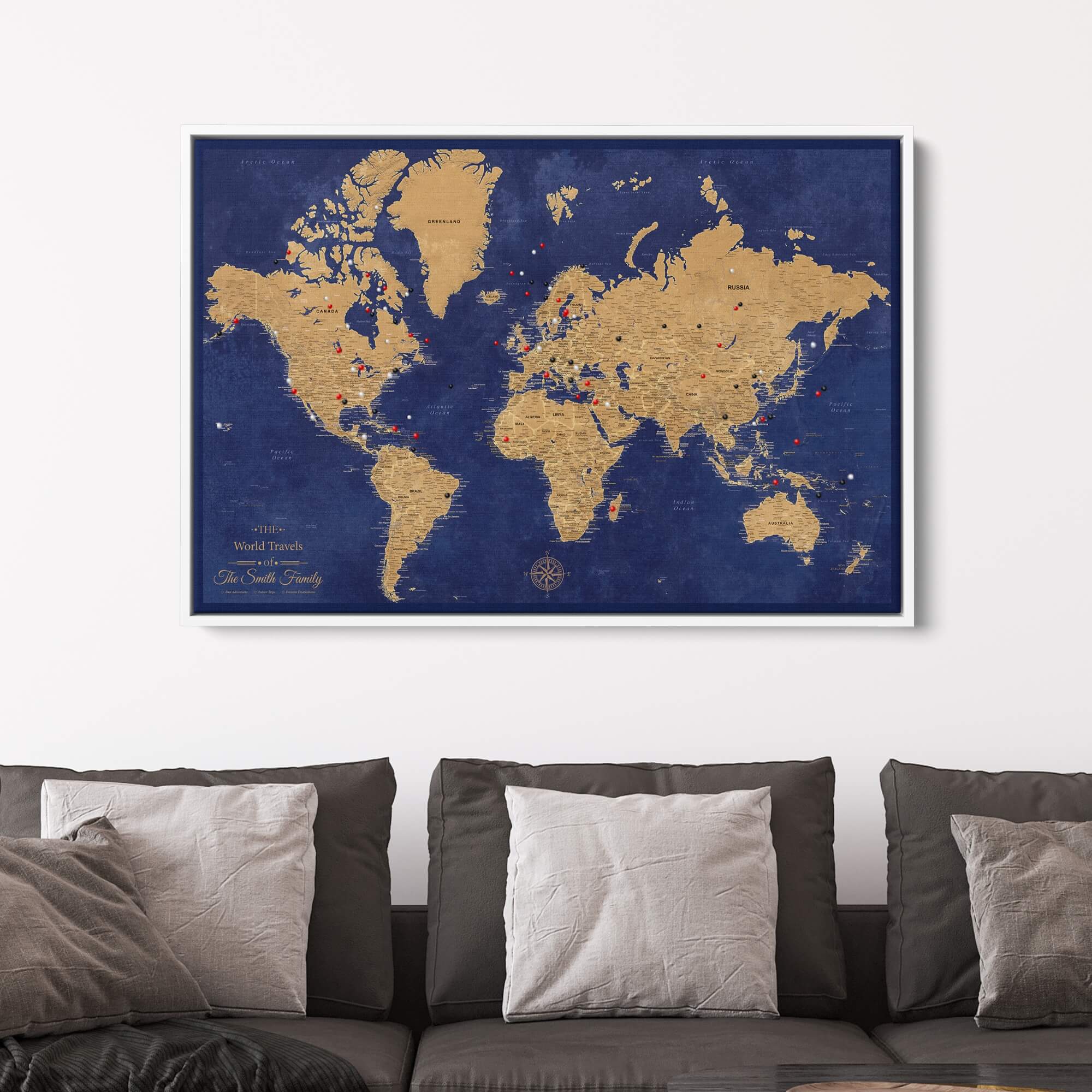 Canvas - Gold & Navy World Travel Map with pins