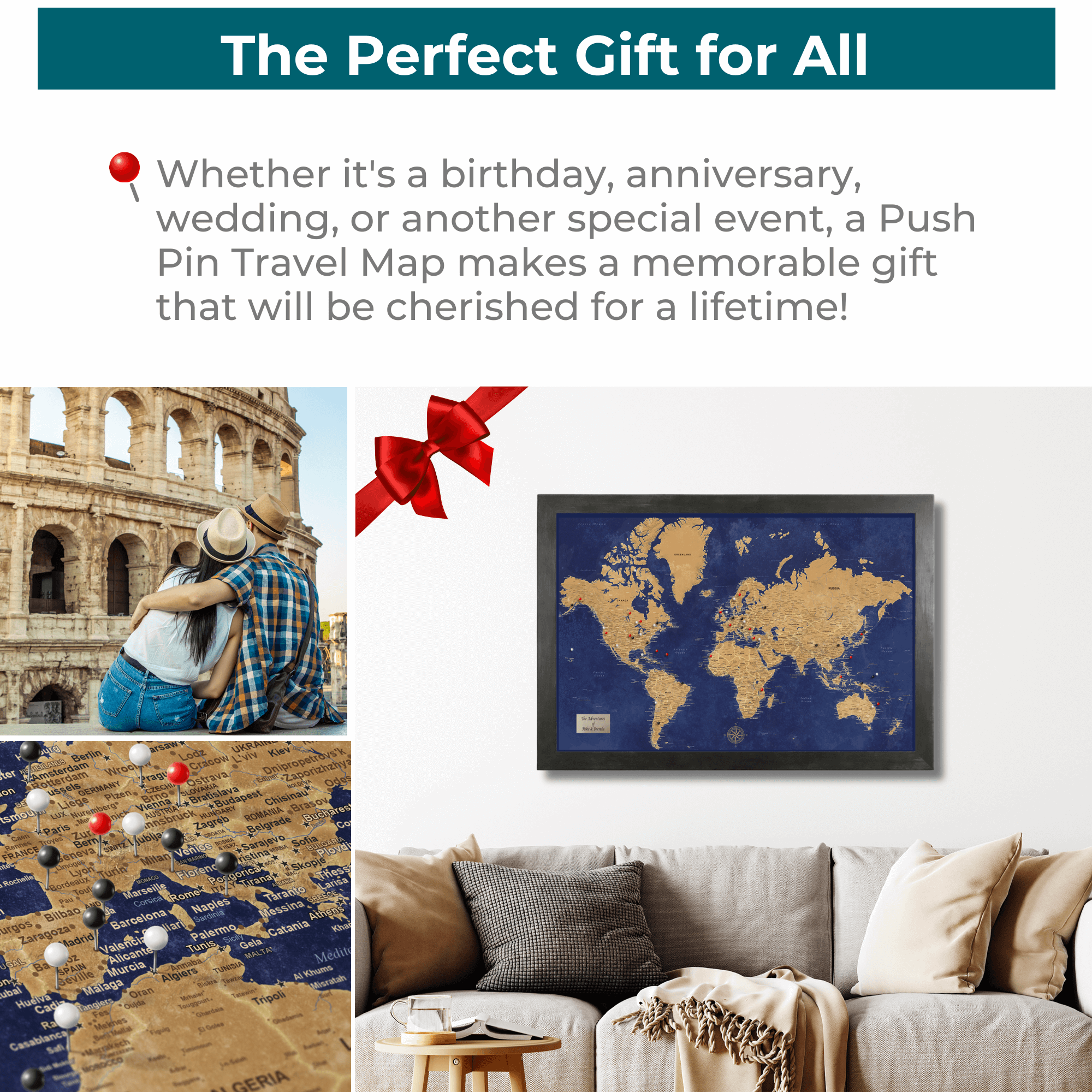 Canvas Gold & Navy Push Pin Map makes a great gift idea