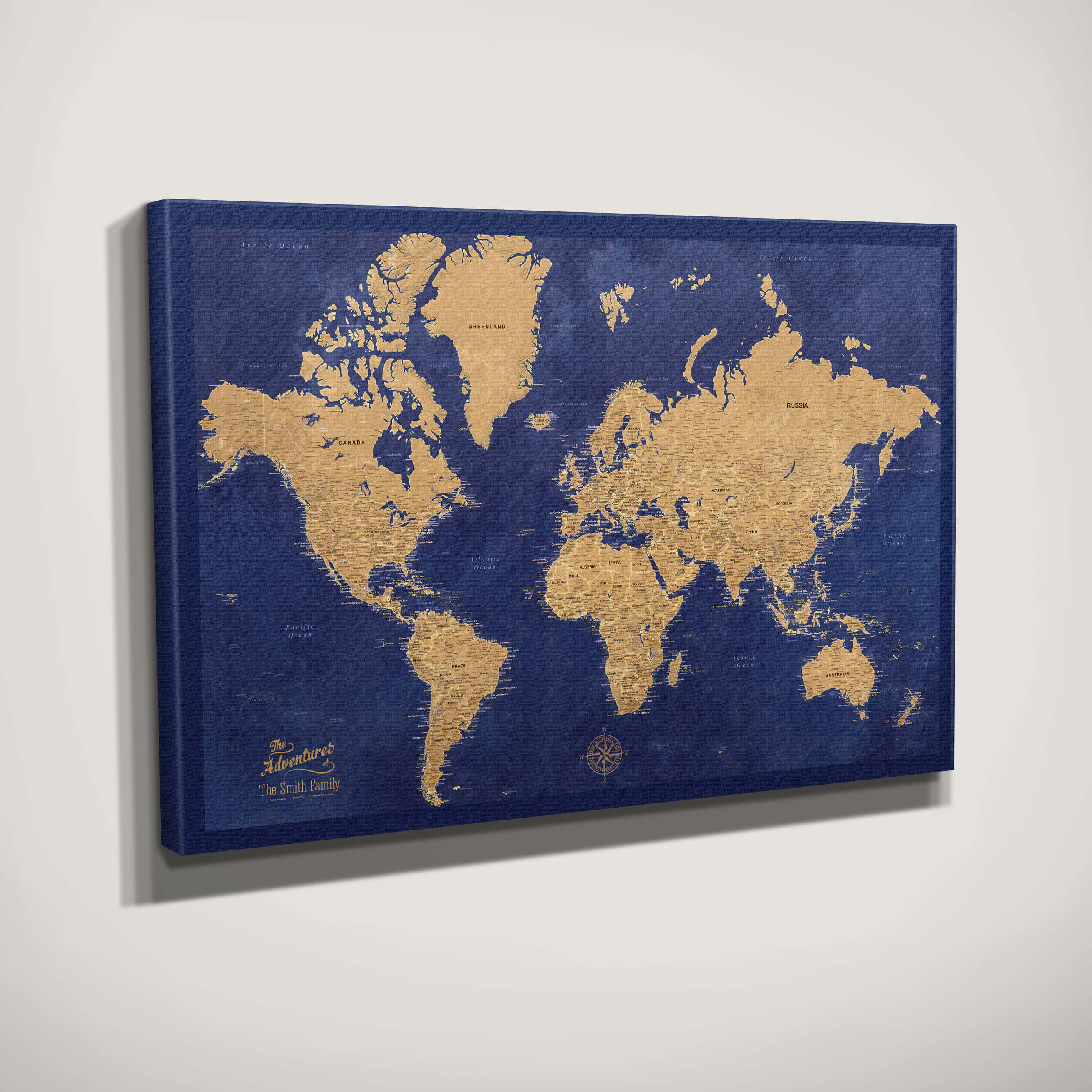 Side View of Gold and Navy Gallery Wrapped Pin Map