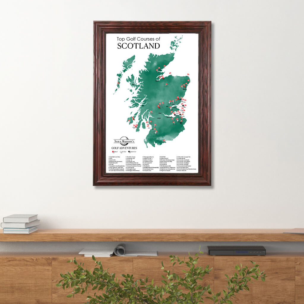 Canvas Map of Top Golf Courses of Scotland Travel Map in Solid Wood Cherry Frame