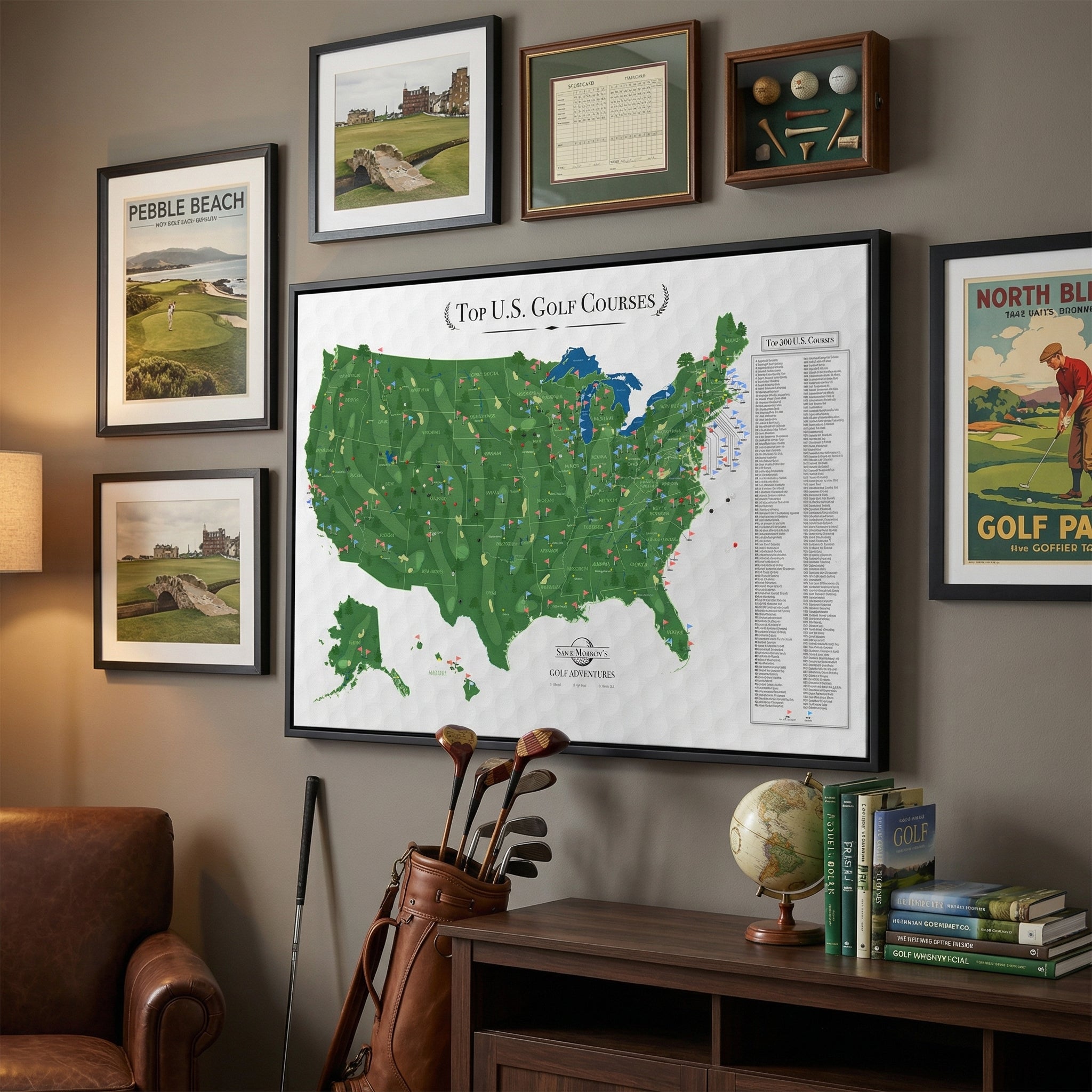 Framed Top US Golf Courses canvas pin map displayed in modern living room with golf clubs nearby