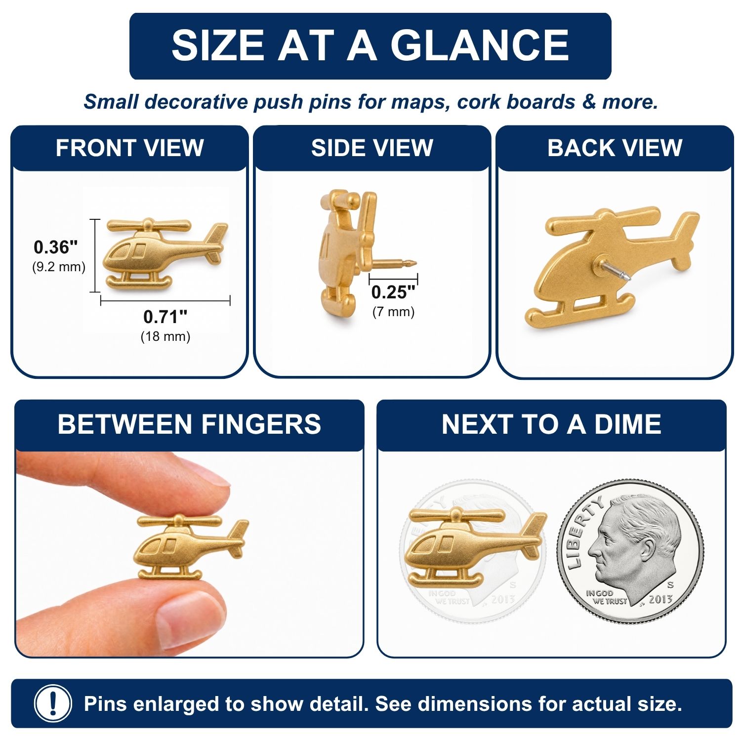 Gold helicopter push pins size comparison showing front side back views dimensions and dime scale reference