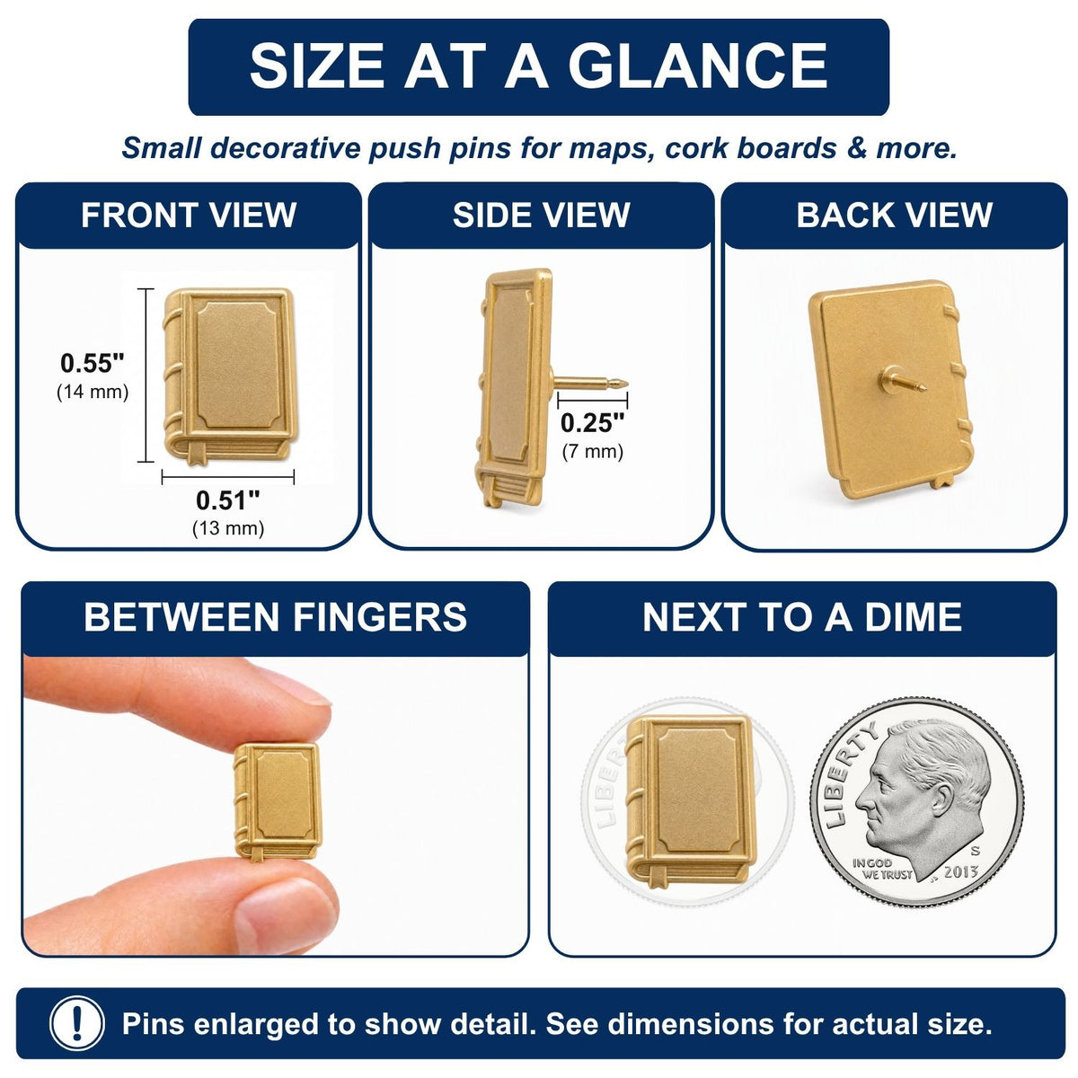 Gold book-shaped decorative push pins size comparison chart showing front, side, back views and dime scale reference