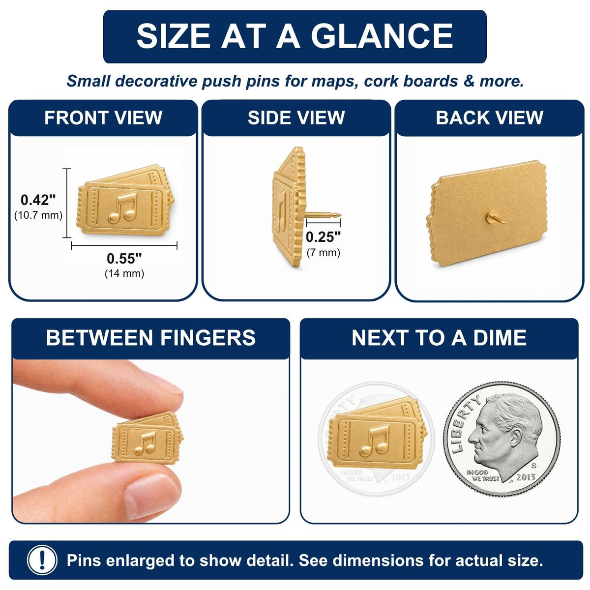 Gold concert ticket push pin size comparison chart showing front, side, back views with dimensions and dime scale reference