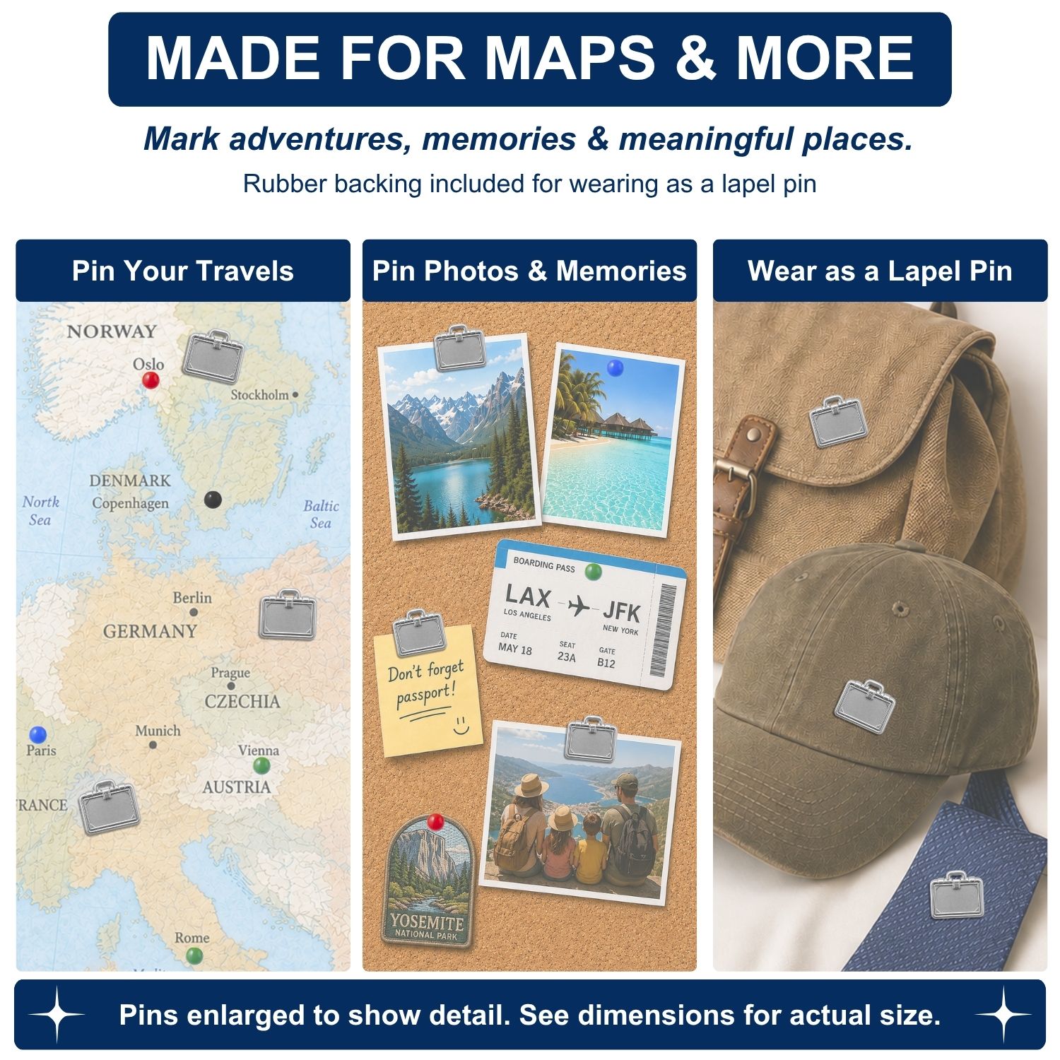 Silver briefcase push pins used on Europe travel map, cork board, and as lapel pin on hat and bag