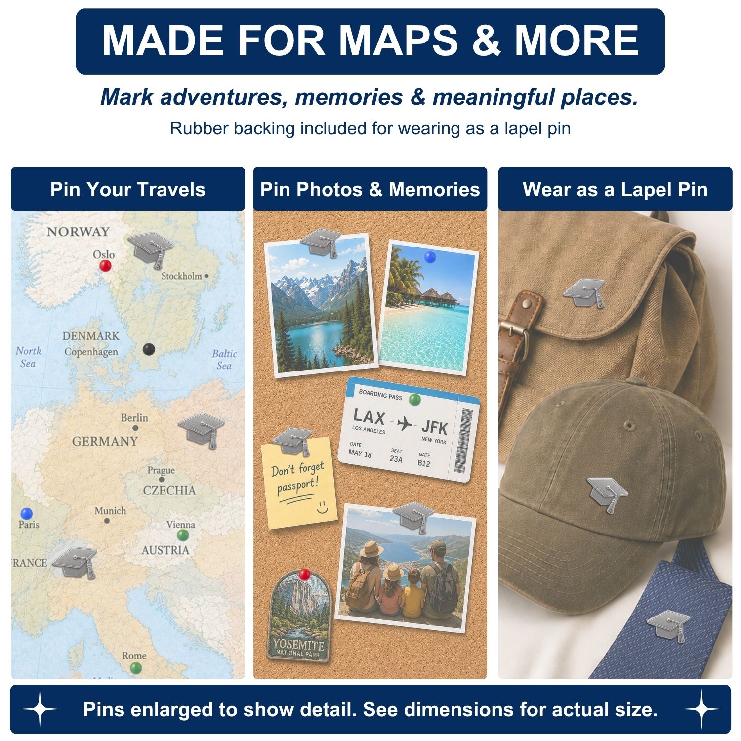 Silver graduation cap push pins used on travel map, cork board photos, and as lapel pin on hat and bag
