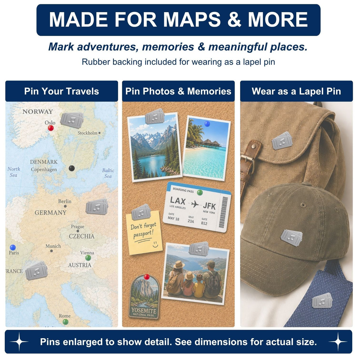 Silver concert ticket push pins used on Europe travel map, cork board photos, and as lapel pins on hat and bag