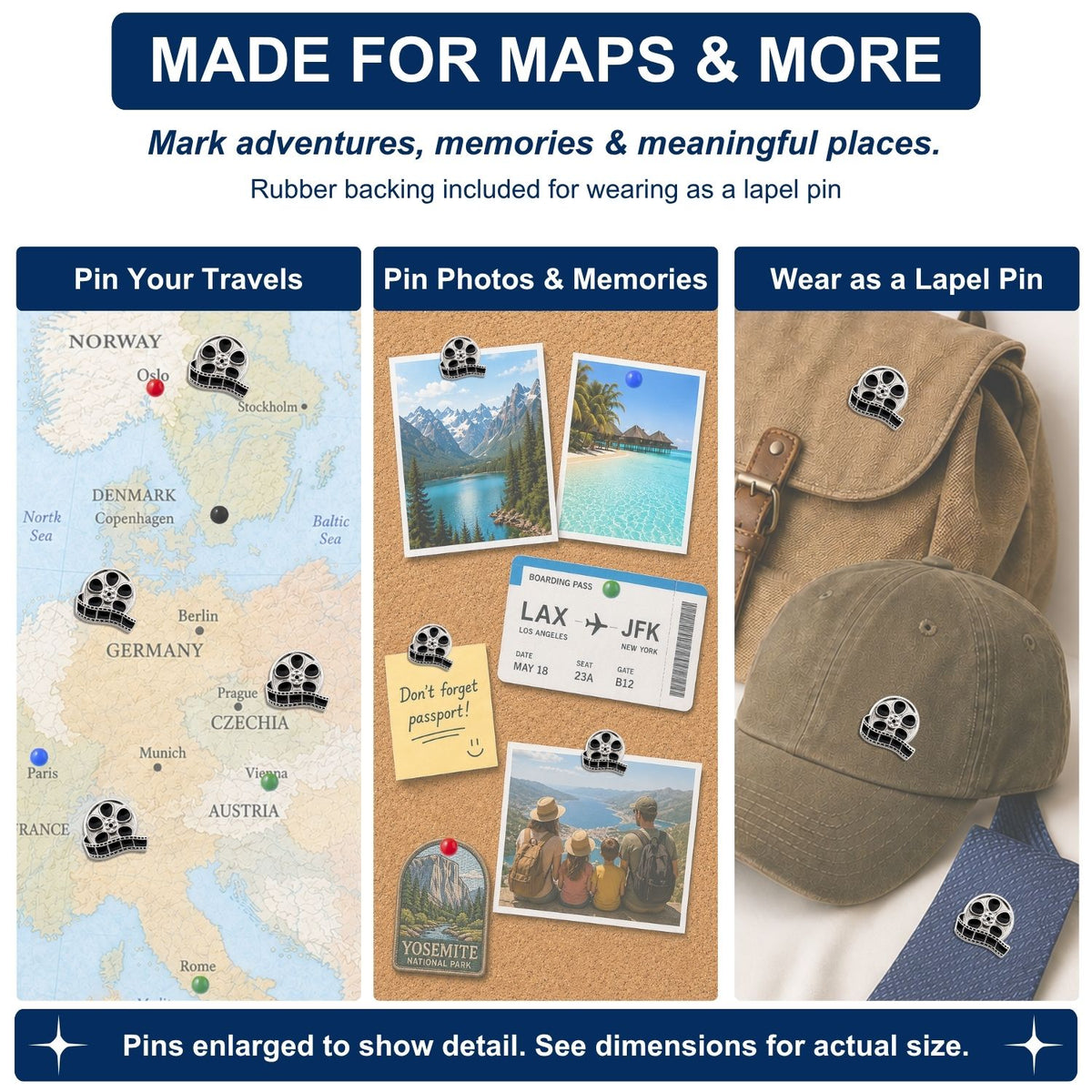 Movie reel enamel push pins used on Europe travel map, cork board, hat, and bag as lapel pins