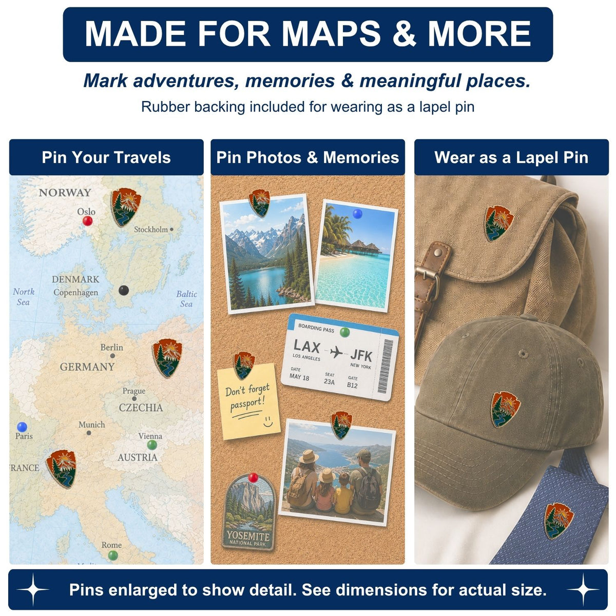 National Park arrowhead enamel push pins used on Europe travel map, corkboard, hat, and bag