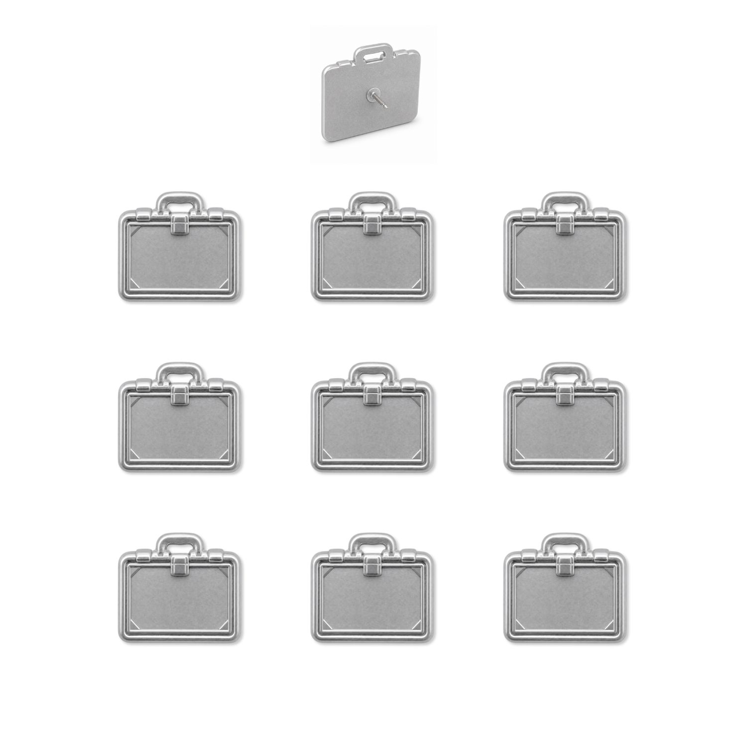 Ten silver metal briefcase push pins arranged in grid, one shown with pin backing on white background