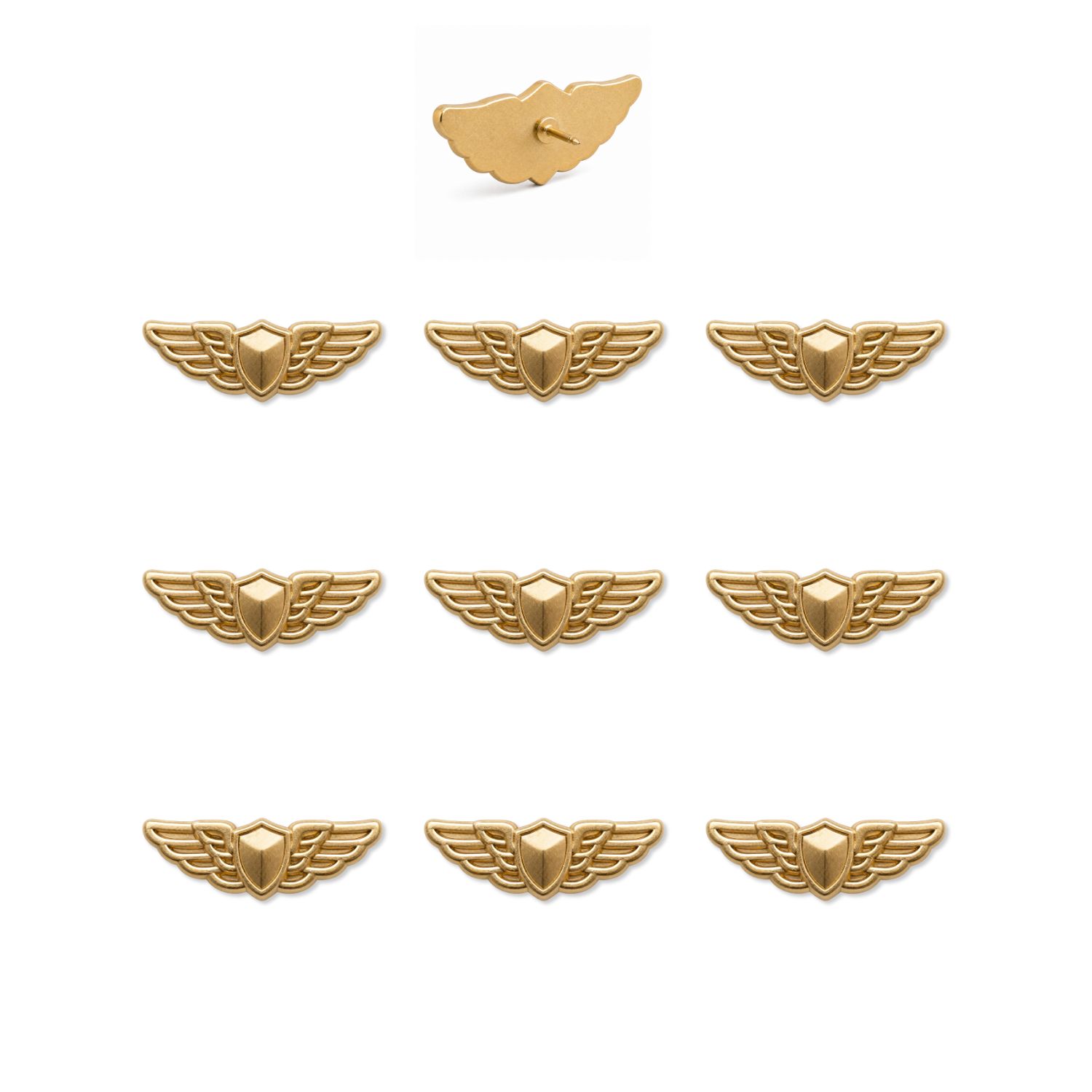 Nine gold aviator pilot wings push pins with 3D shield center displayed flat lay arrangement
