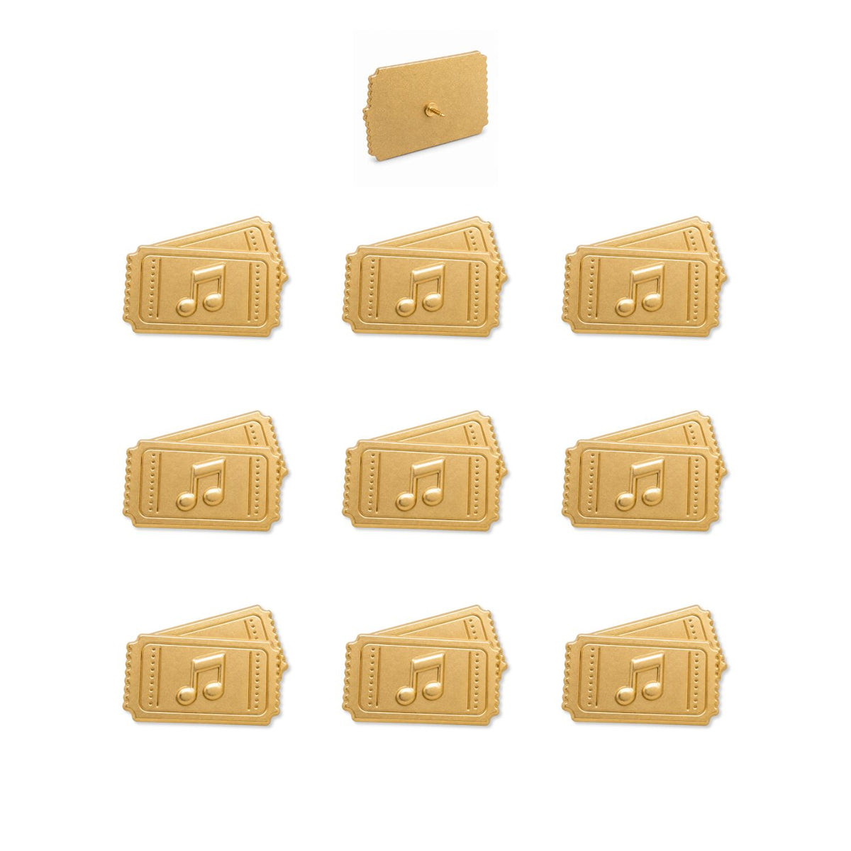 Nine gold metal concert ticket push pins with music notes, showing front and pin-back views