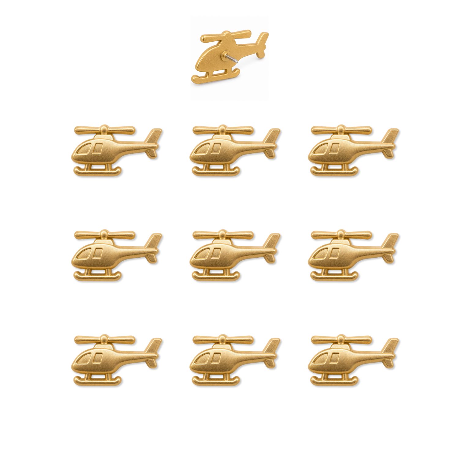 Ten matte gold helicopter push pins arranged in grid showing front and pin-back detail views