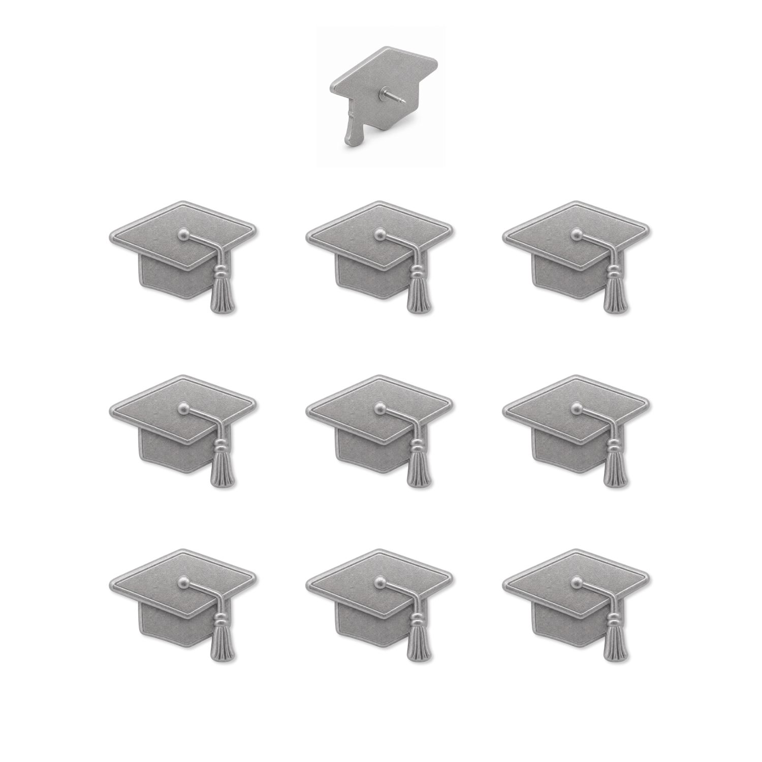 Set of ten silver matte metal graduation cap push pins with tassel detail