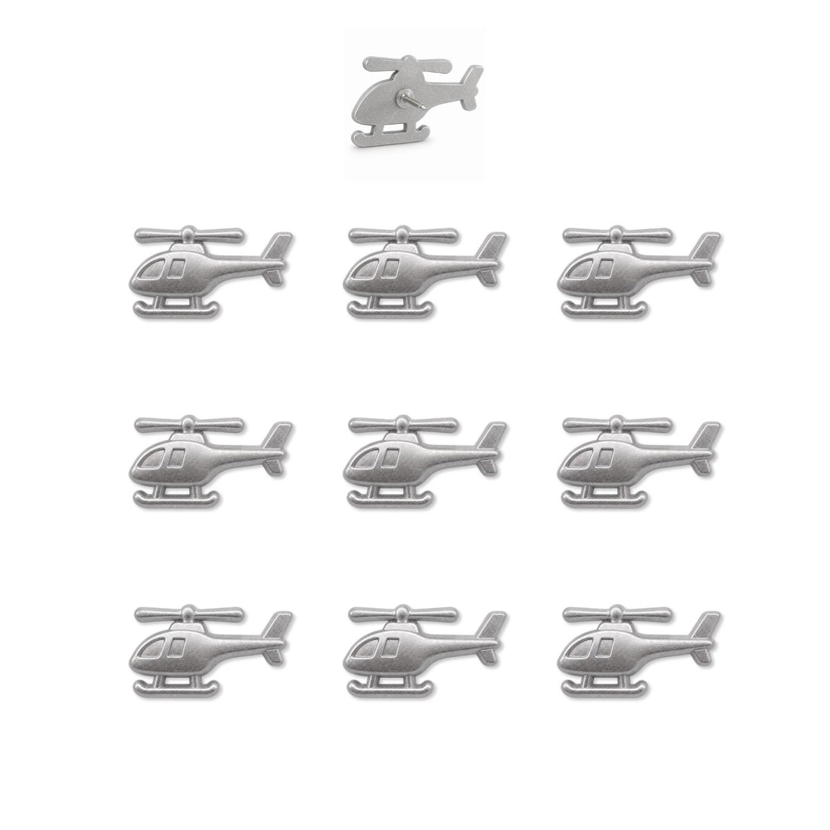 Set of ten silver matte metal helicopter push pins with detailed rotors and skids on white background