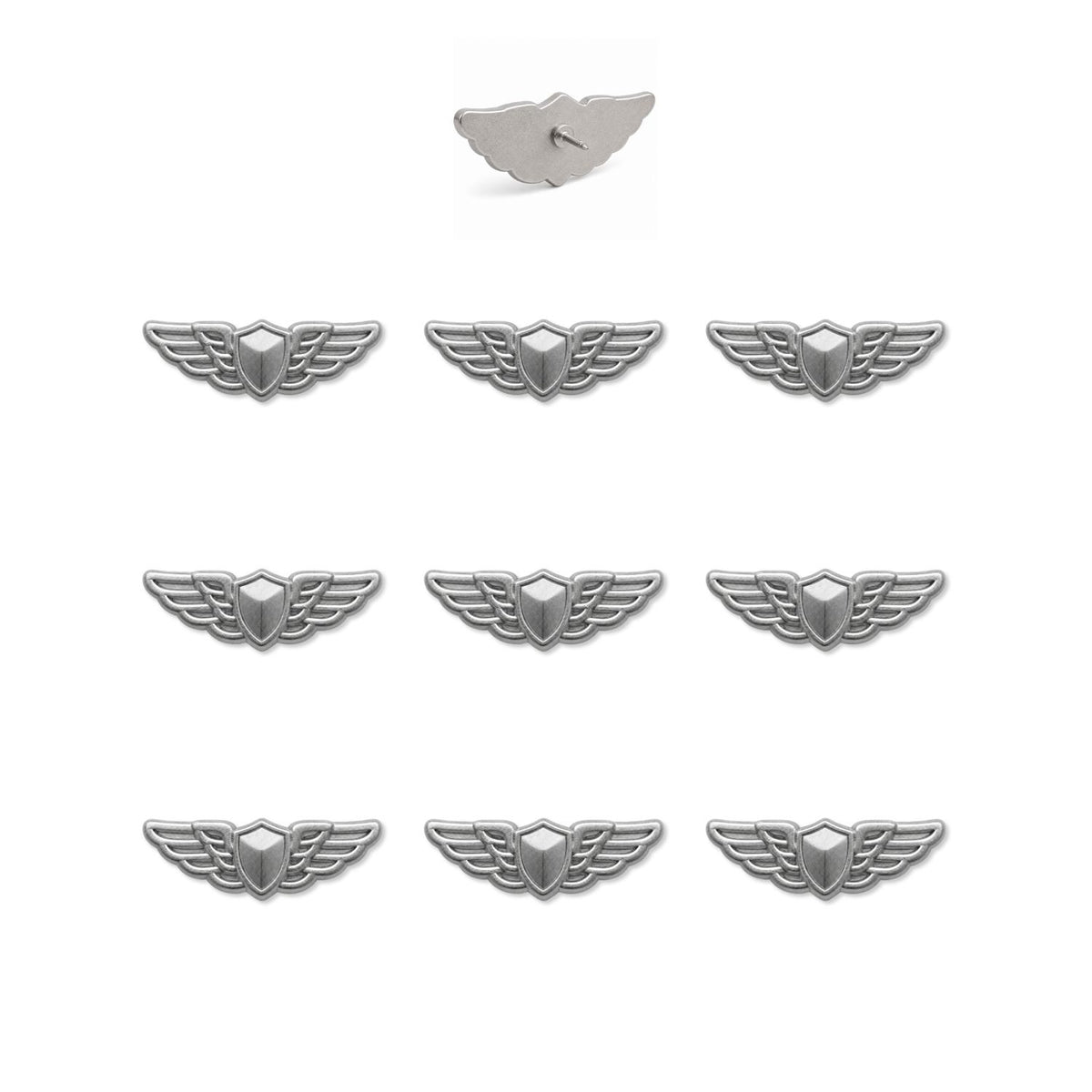 Set of nine silver aviator pilot wings push pins with shield center and pin backing shown