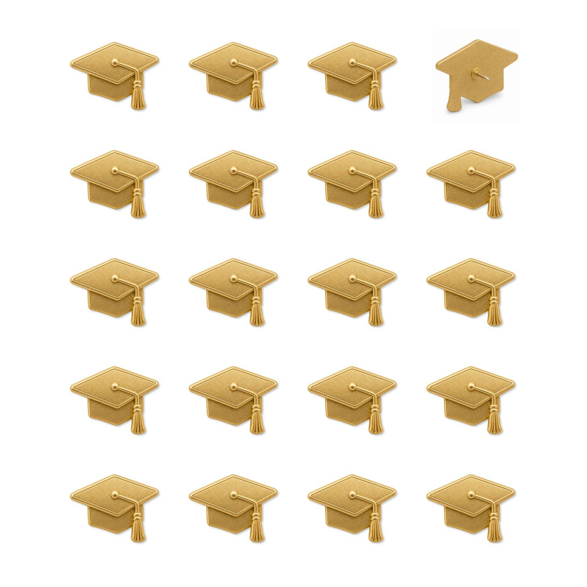 20 matte gold graduation cap push pins with 3D mortarboard tassel design on white background