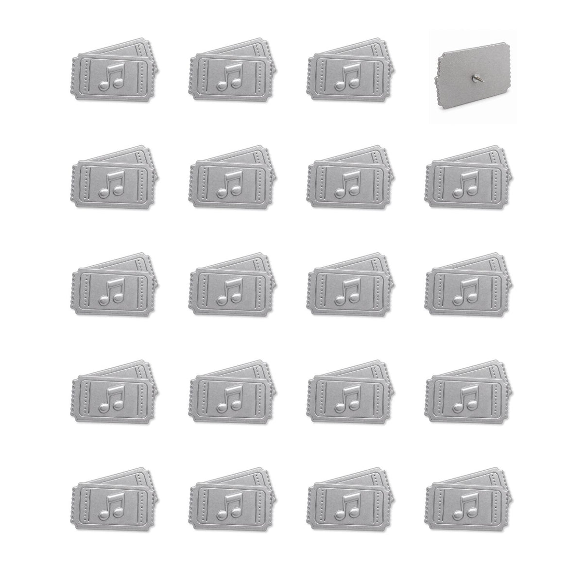 Set of 20 silver metal concert ticket push pins with music note embossed detail, back view shown