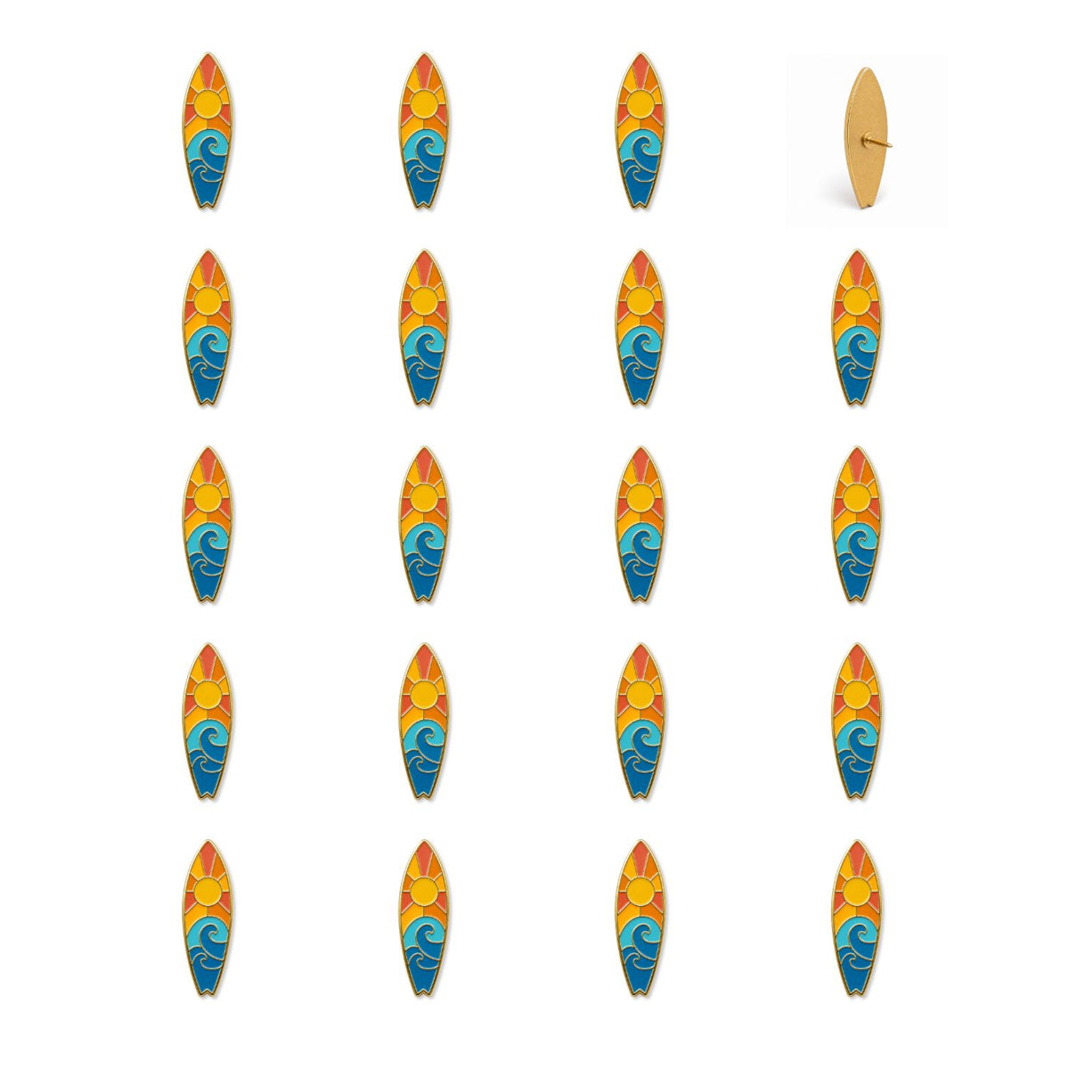 Bulk set of surfboard enamel push pins featuring sunset sun and blue ocean wave design with gold backing pin shown reverse side