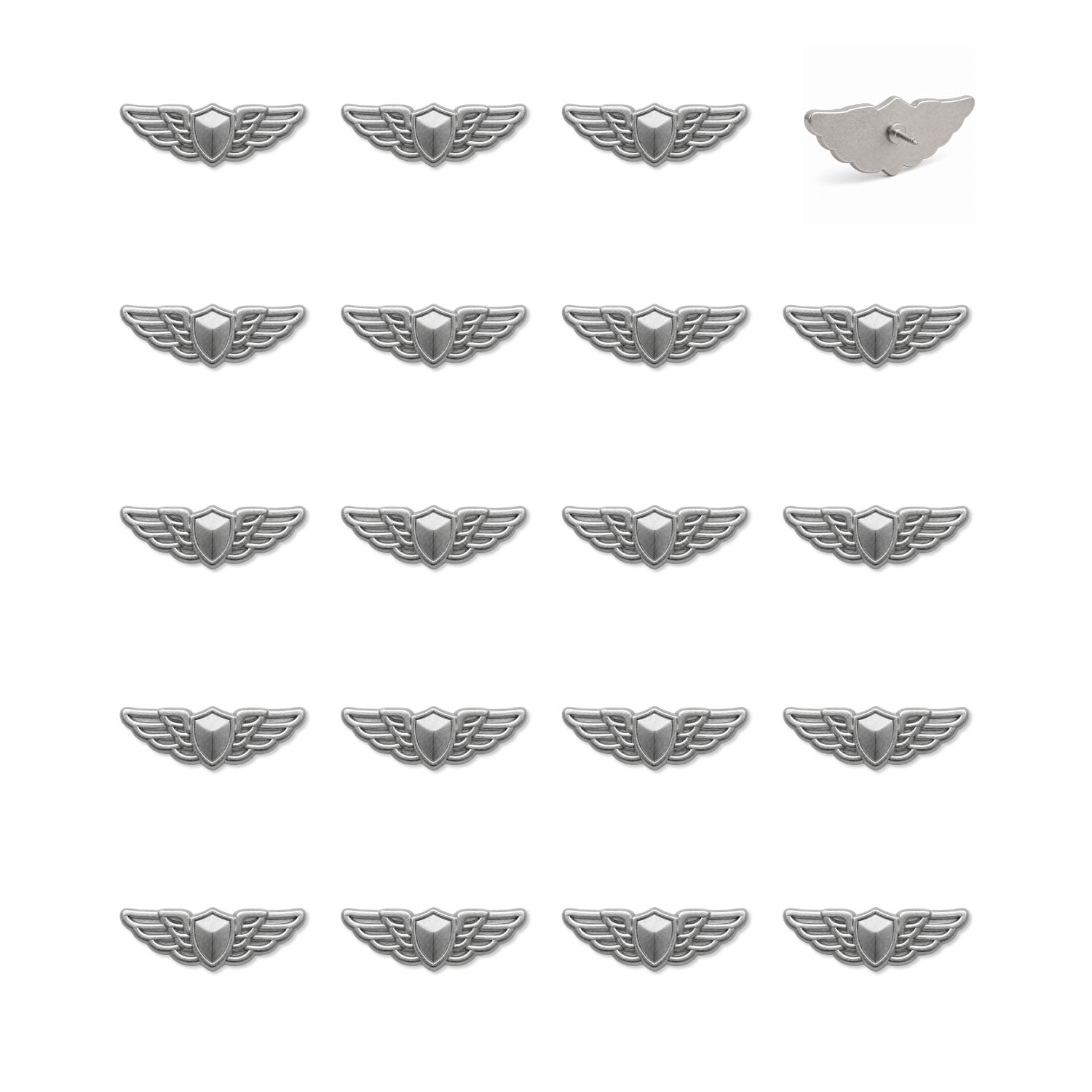 Set of 20 silver matte pilot wing push pins with 3D shield and feathered wings design