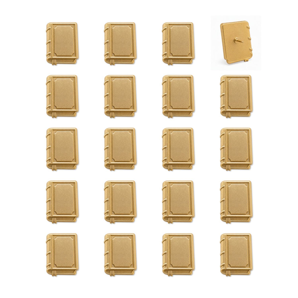Set of 20 gold metallic book-shaped push pins with embossed covers and spine details on white background