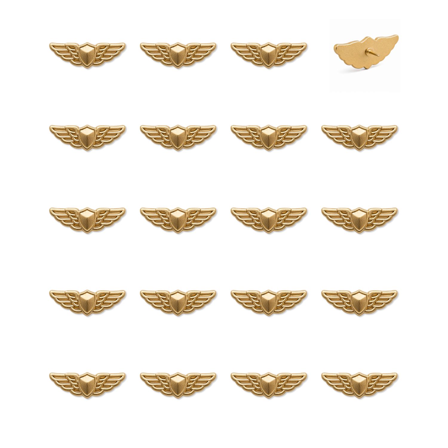 Multiple gold matte pilot wings push pins arranged in grid showing front and back views