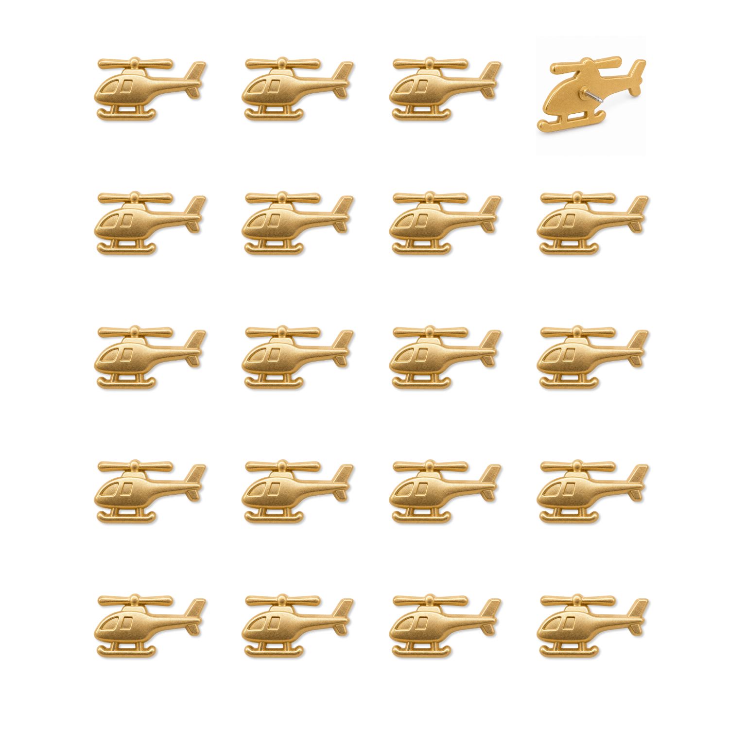 Grid of 20 matte gold metal helicopter push pins with detailed rotors and skids