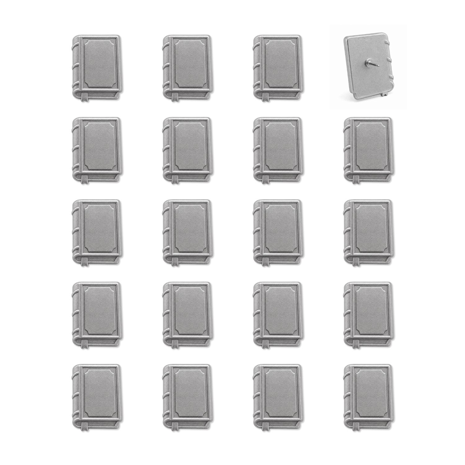 Set of 20 silver metal book-shaped push pins with embossed covers and spine details, one shown with pin backing visible
