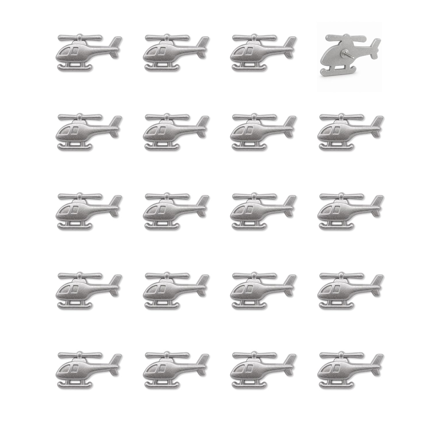 Set of 20 silver matte metal helicopter push pins with detailed rotors and skids arranged in grid