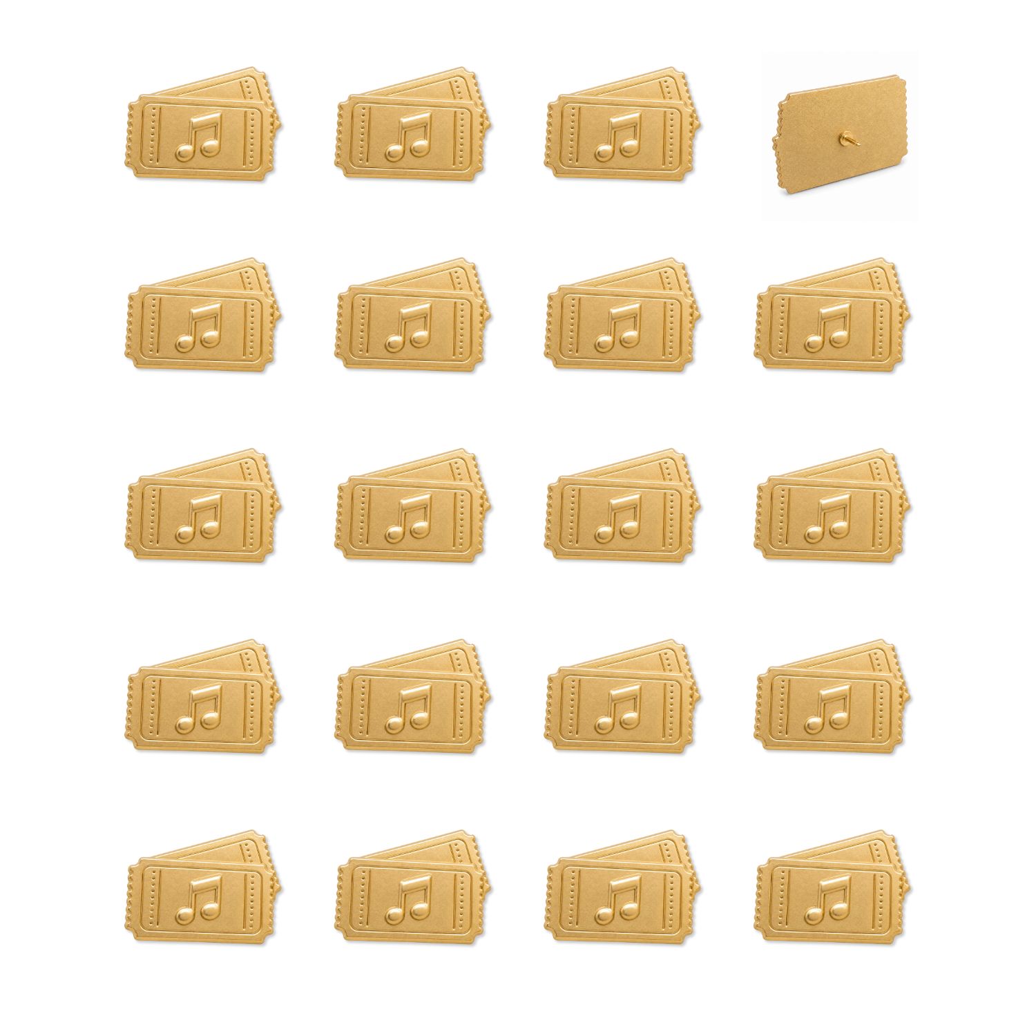 Twenty gold metal concert ticket push pins with music note embossed design shown flat lay with pin backing detail