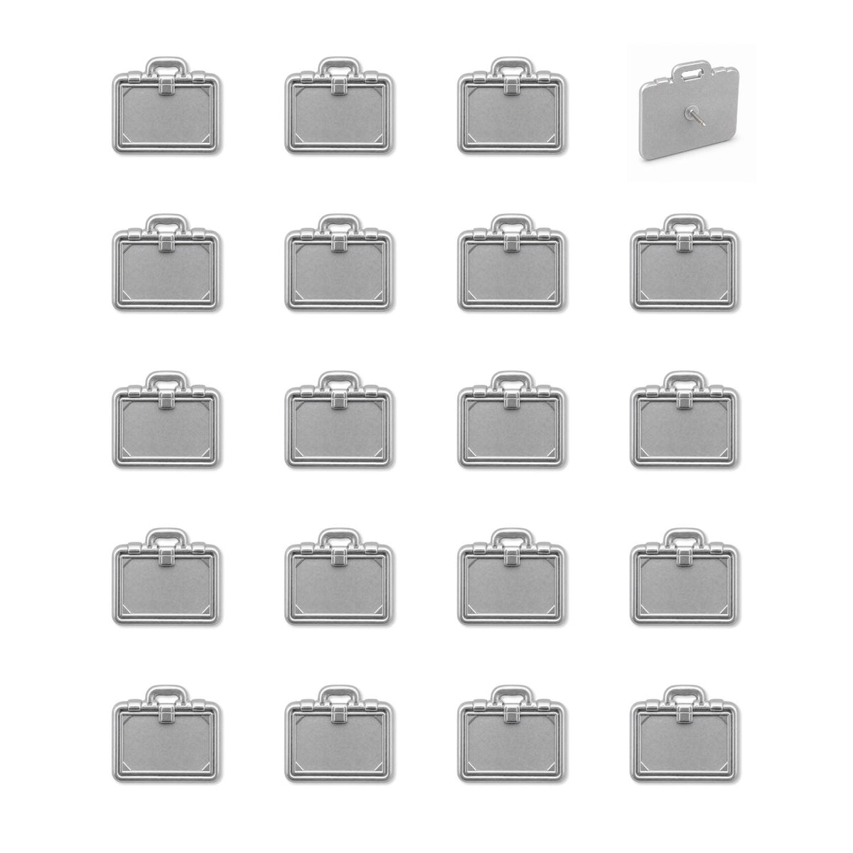 Set of 20 silver metal briefcase push pins showing front and side angle views
