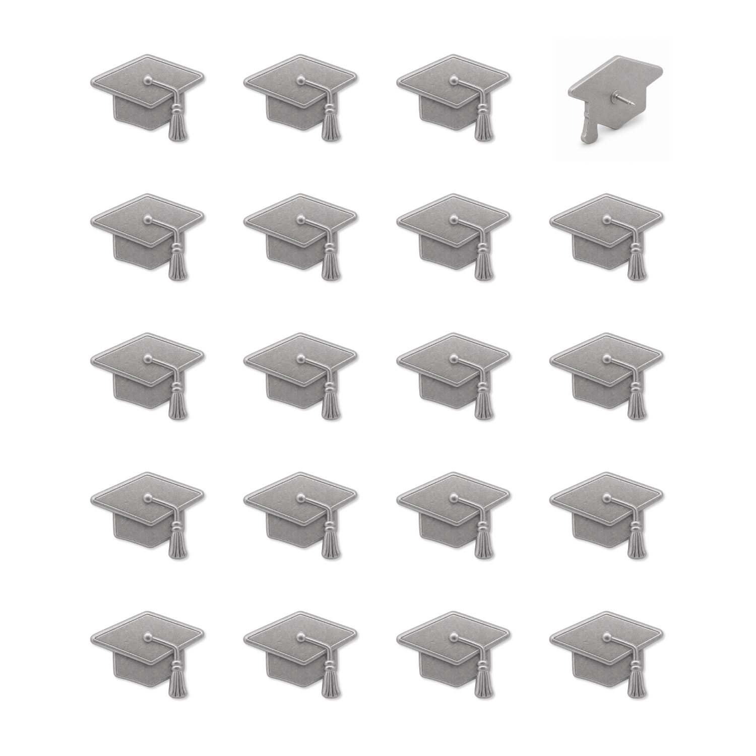 Set of 20 silver matte metal graduation cap push pins with 3D mortarboard tassel design
