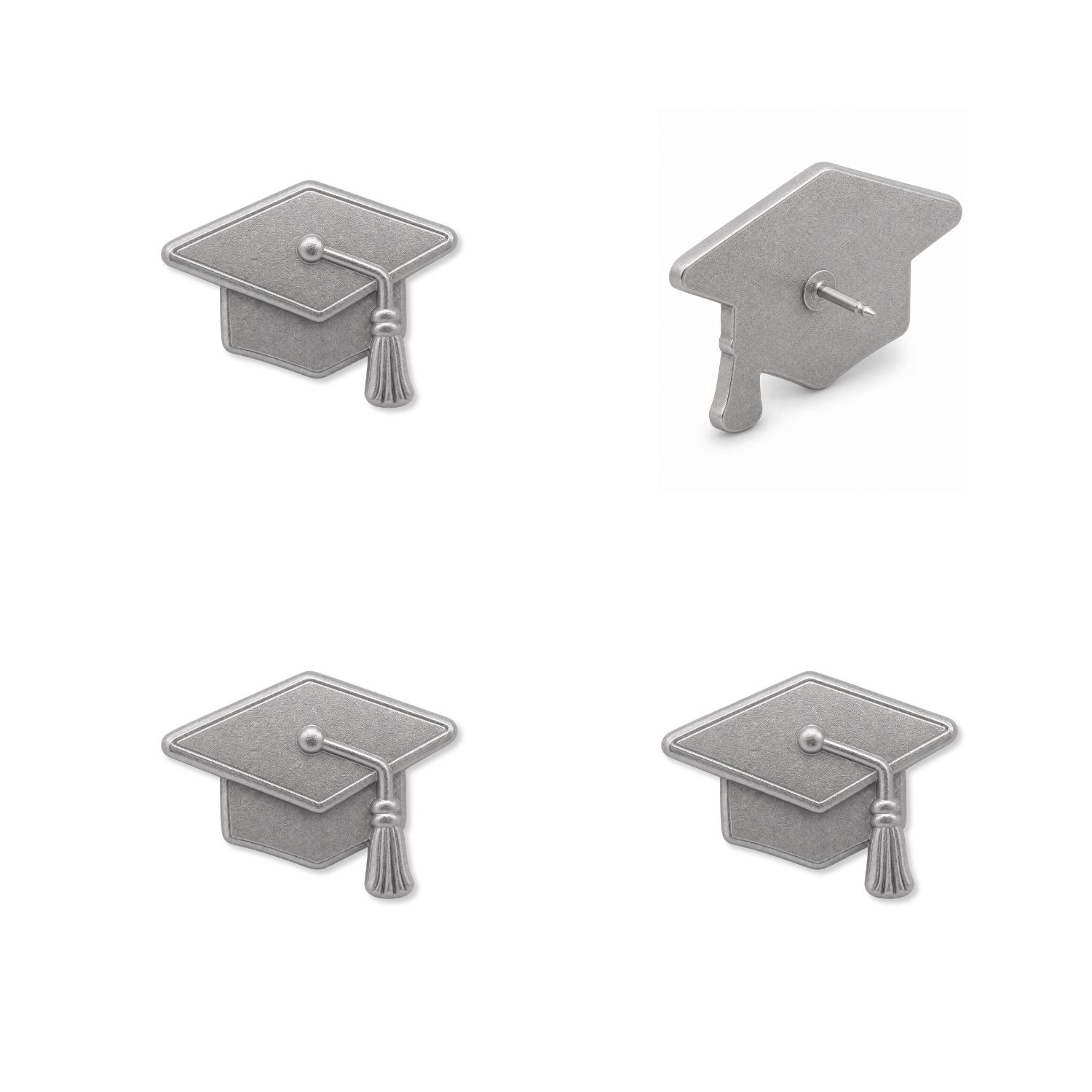 Four silver metal graduation cap push pins showing front and back views with detailed tassel