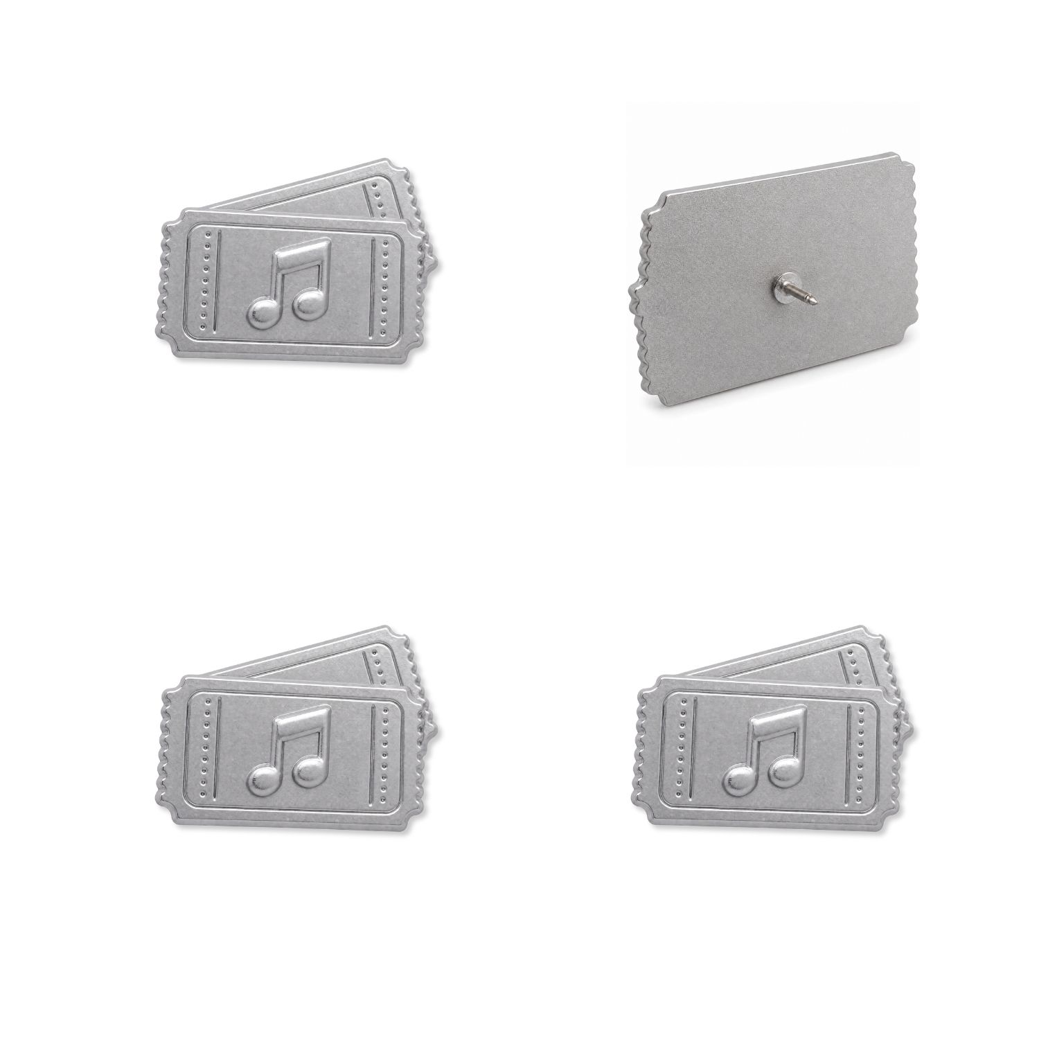 Silver metal concert ticket push pins showing front and back views with embossed music note design