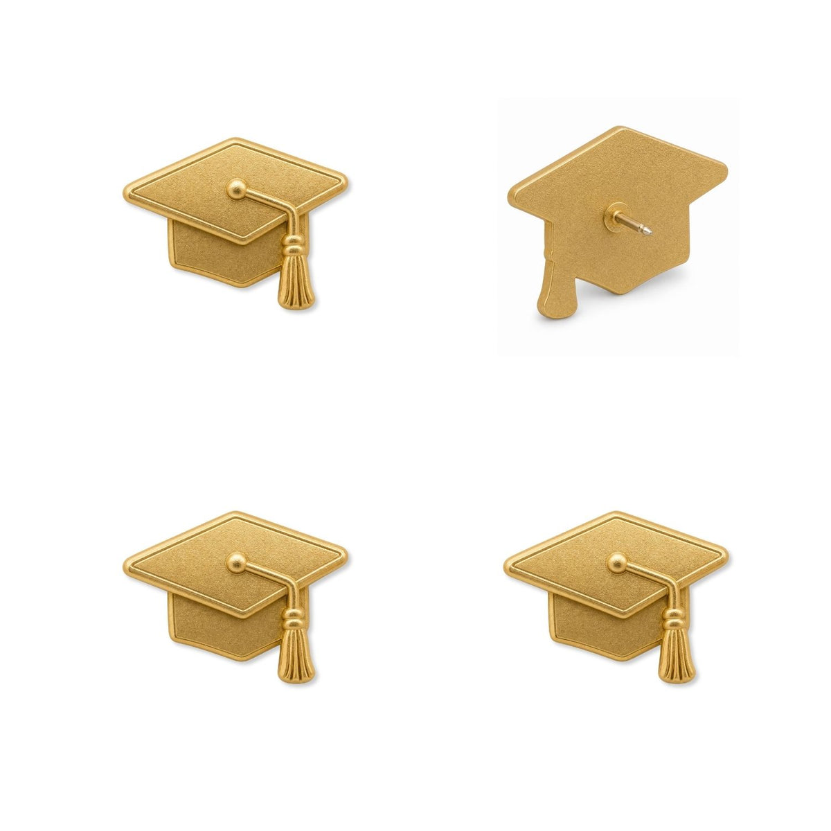 Four matte gold graduation cap push pins showing front and back views with detailed tassel