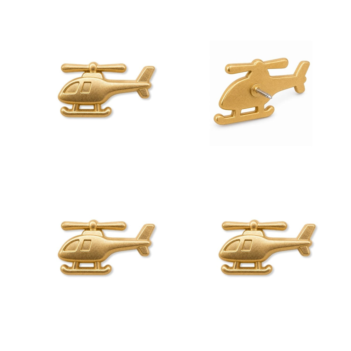 Matte gold helicopter push pins front and back views showing 3D metal rotor detail