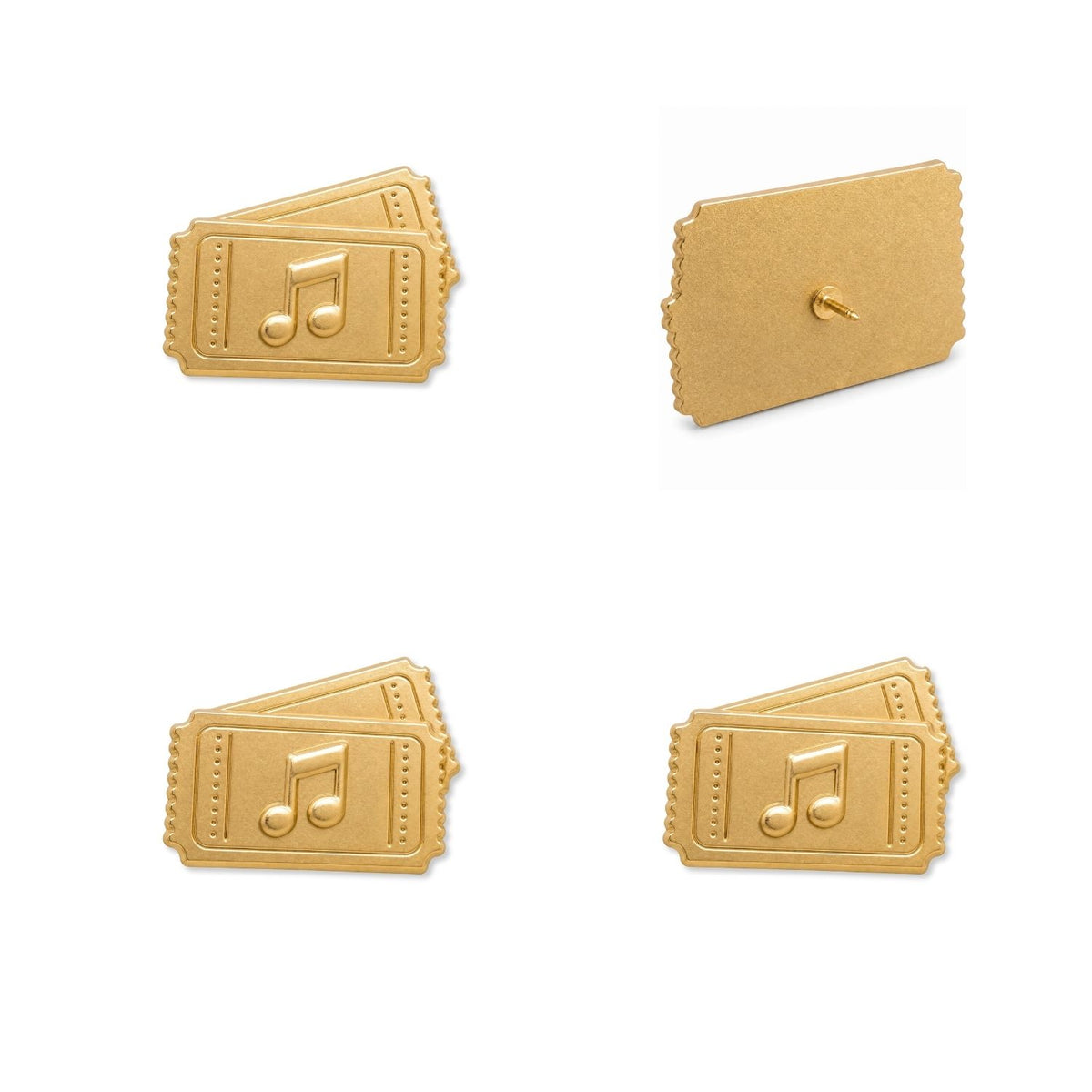 Matte gold concert ticket push pins with music note detail shown from front and back angles