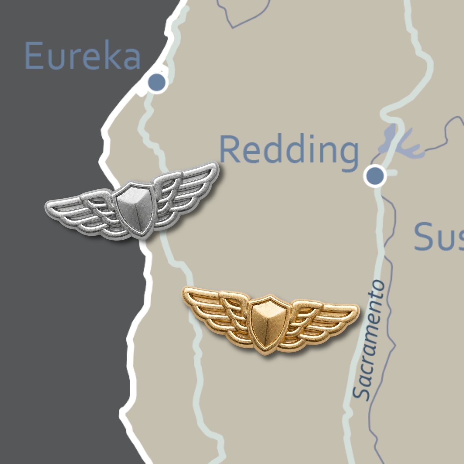 Gold and silver pilot wings push pins displayed on California map background