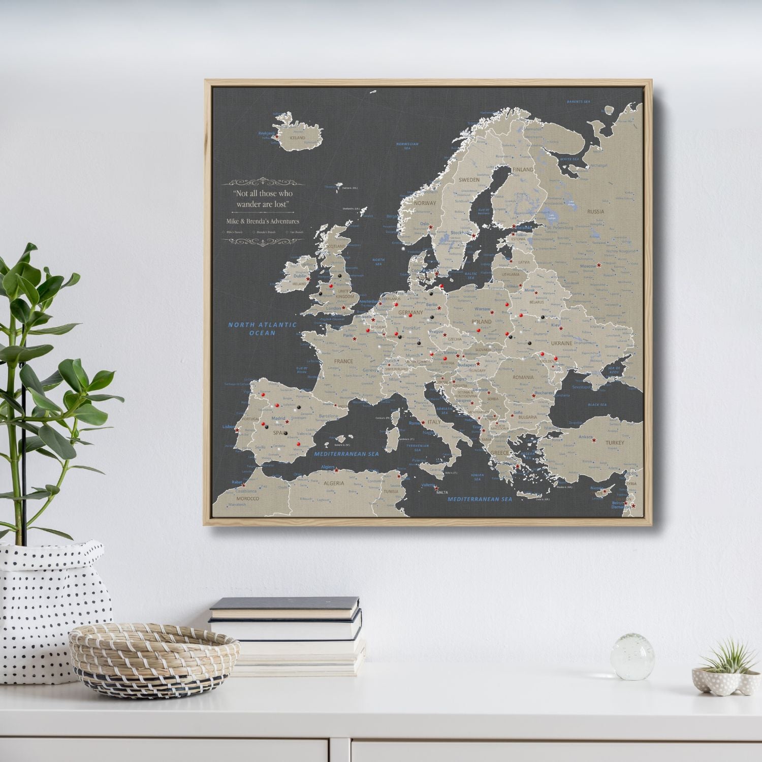 Canvas - Earth Toned Europe Travel Map with Pins - Square