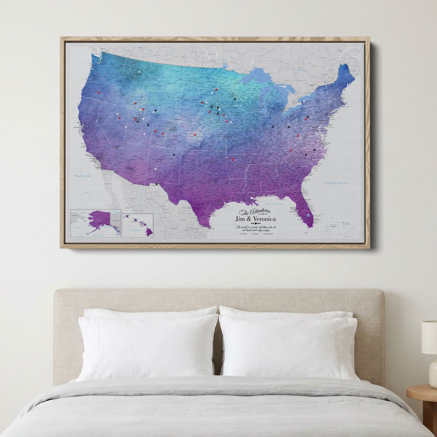 Canvas - Vibrant Violet Watercolor USA Travel Map with pins