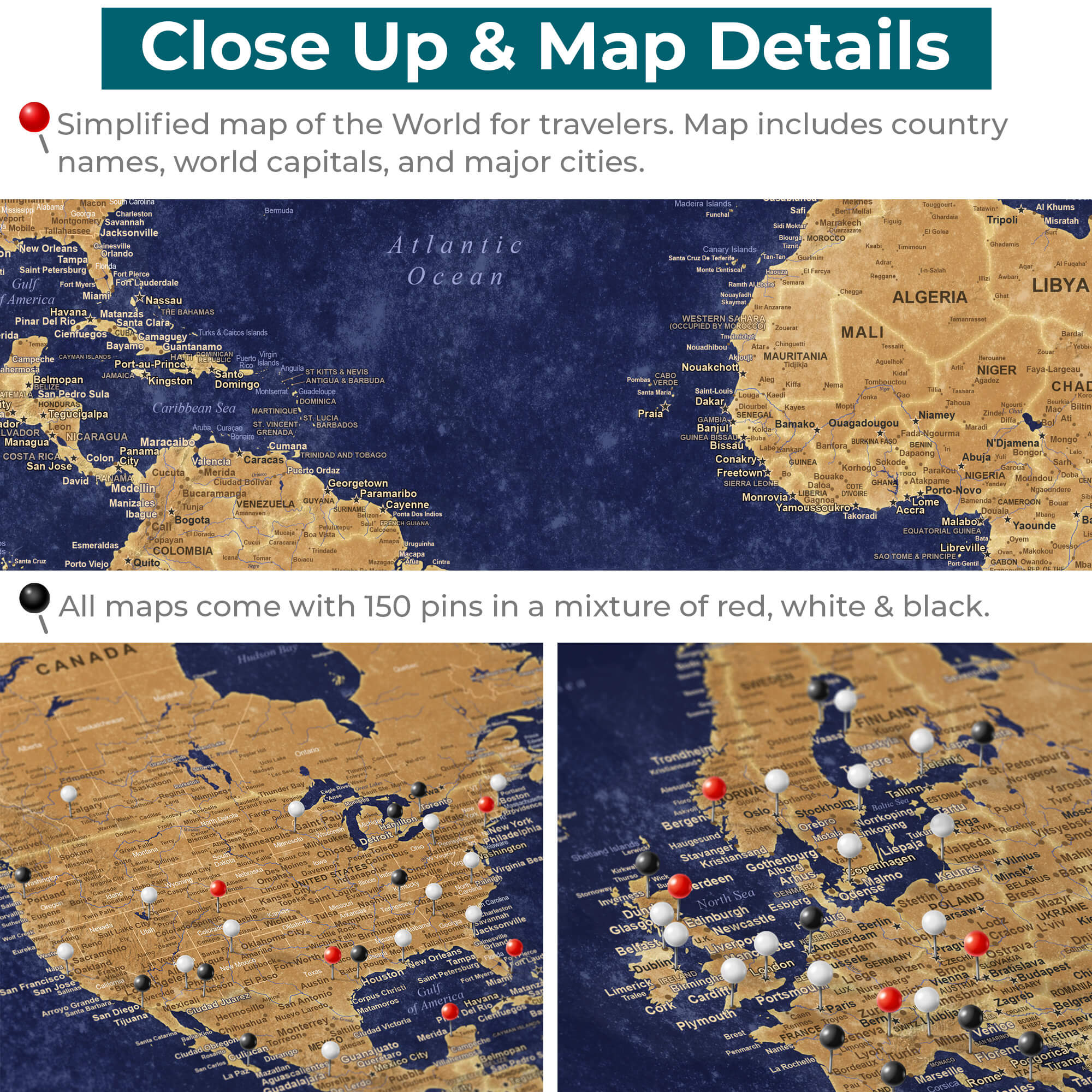 Close Up of Canvas Gold & Navy Push Pin Travel Map