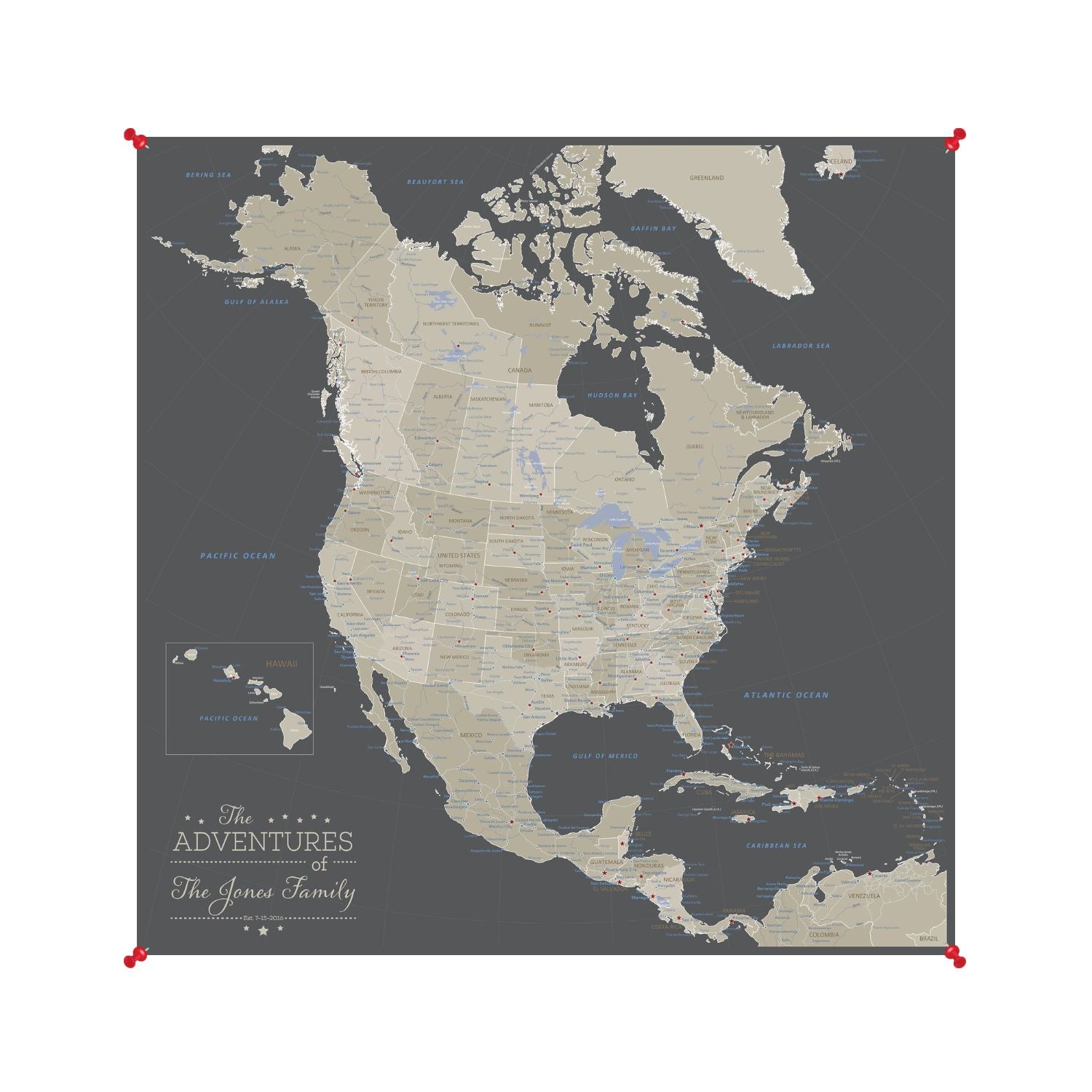Personalized earth toned North America canvas map poster in gray and tan with red push pins