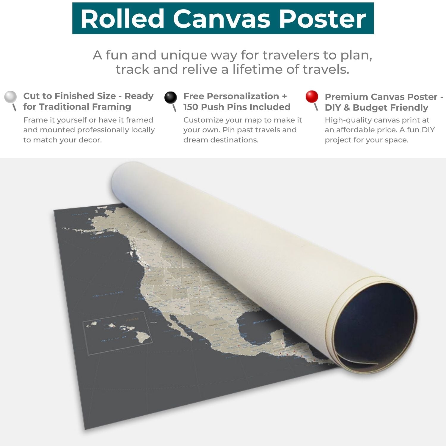 Rolled canvas poster of earth toned North America map in gray and tan, ready for framing